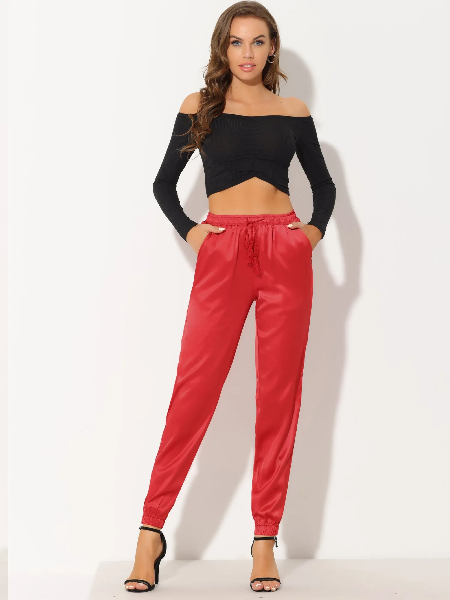 Drawstring Elastic Waist Athleisure Ankle Satin Joggers