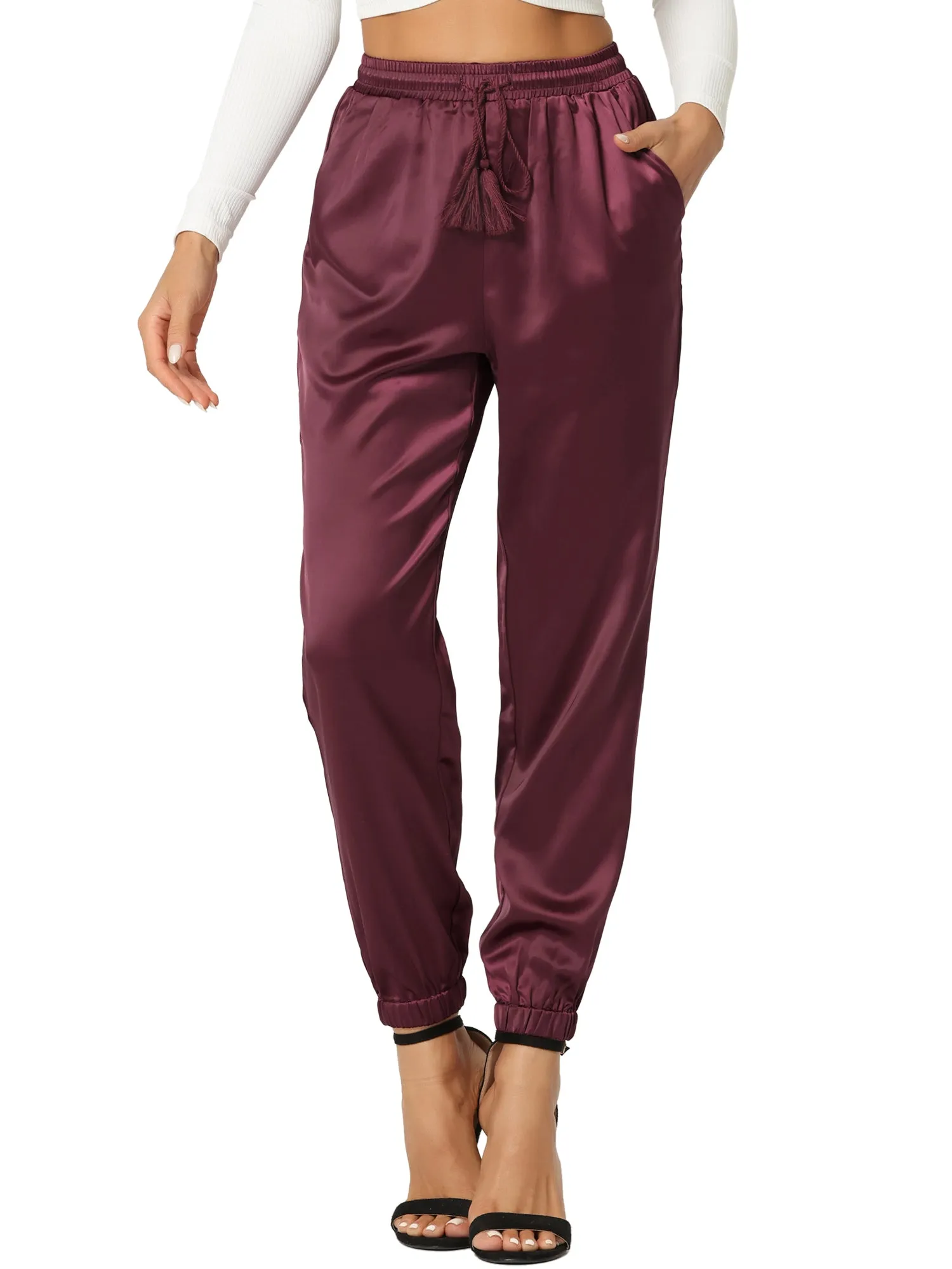 Drawstring Elastic Waist Athleisure Ankle Satin Joggers