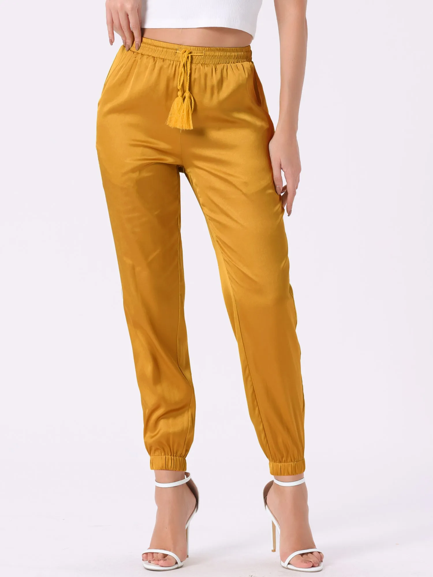 Drawstring Elastic Waist Athleisure Ankle Satin Joggers