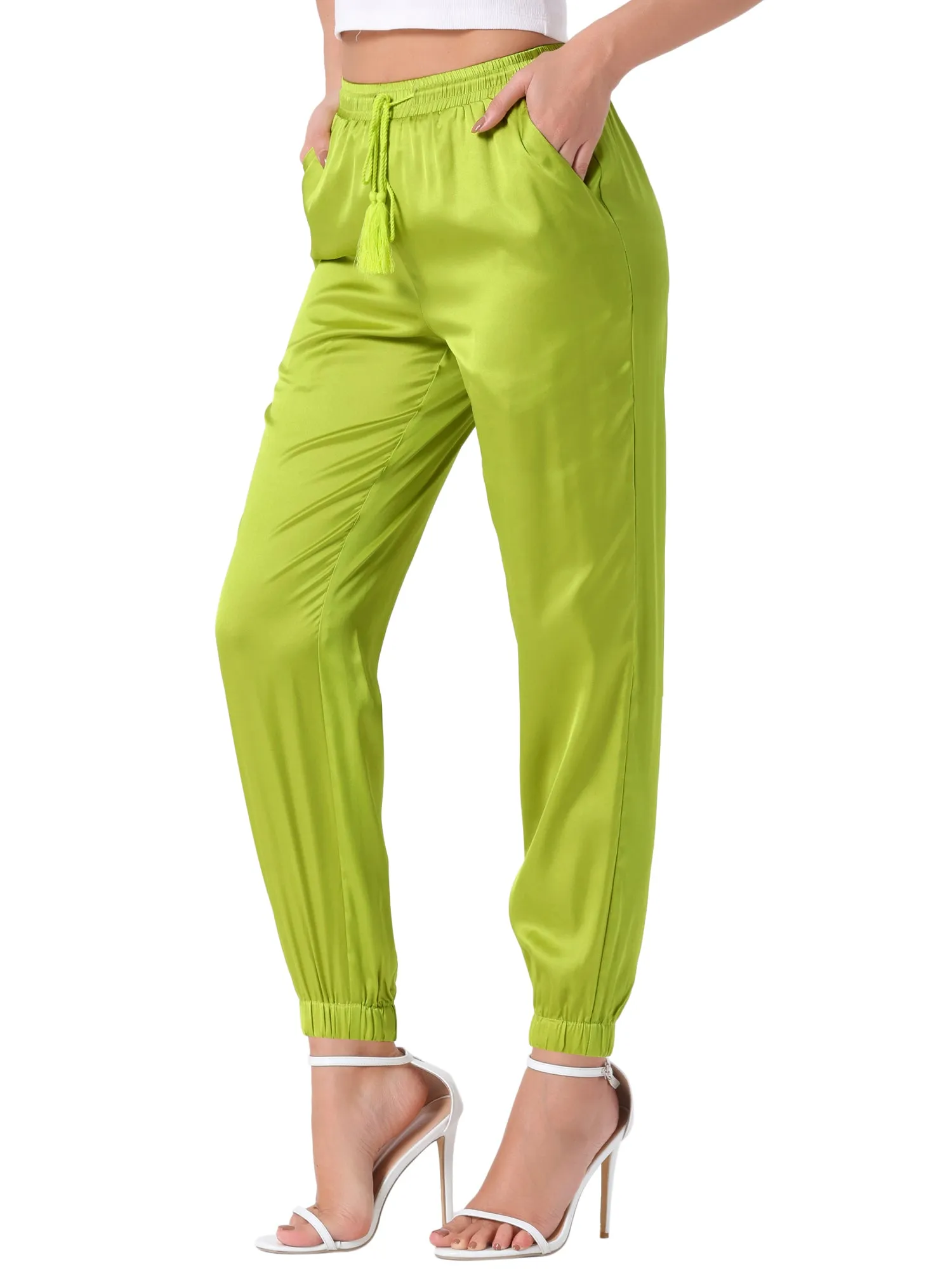 Drawstring Elastic Waist Athleisure Ankle Satin Joggers
