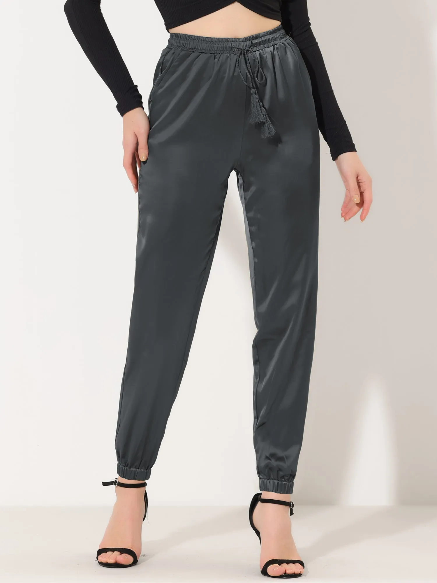 Drawstring Elastic Waist Athleisure Ankle Satin Joggers
