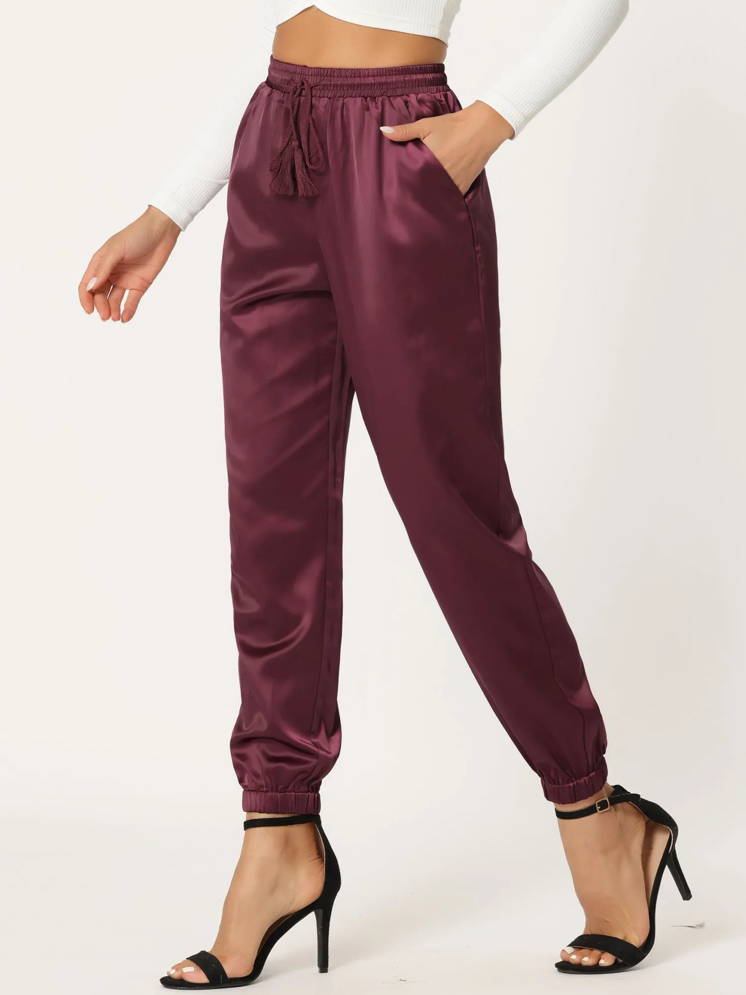 Drawstring Elastic Waist Athleisure Ankle Satin Joggers