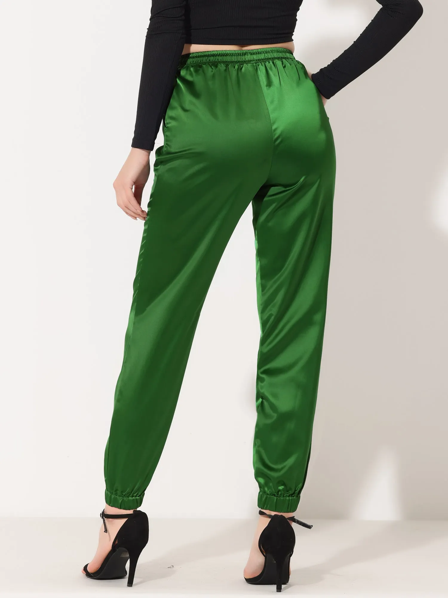 Drawstring Elastic Waist Athleisure Ankle Satin Joggers