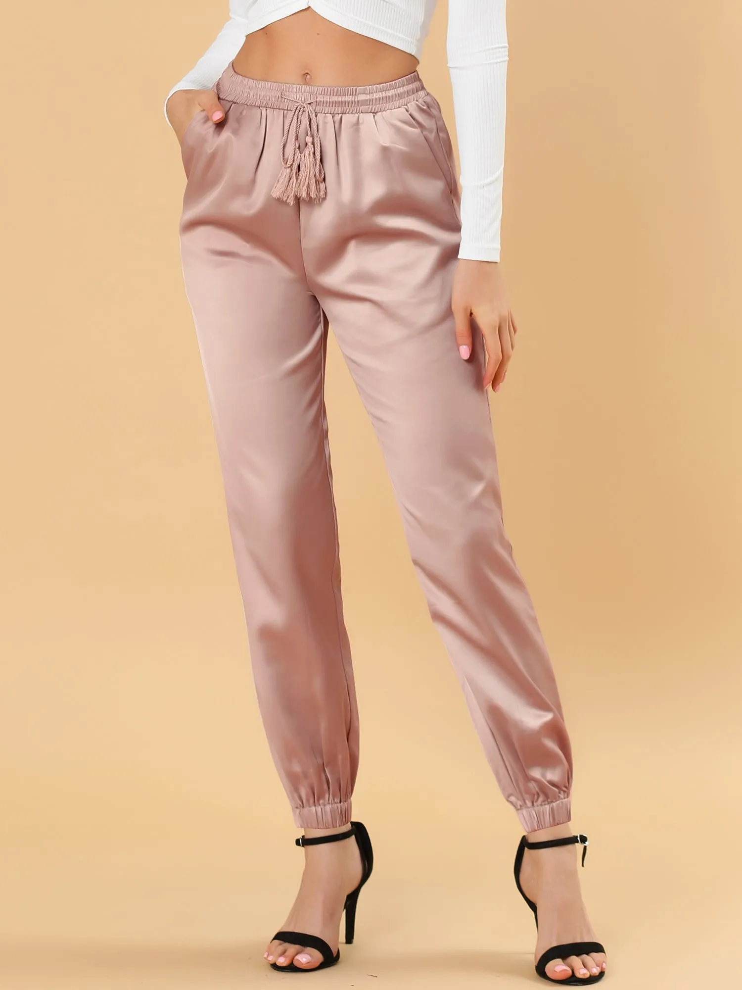 Drawstring Elastic Waist Athleisure Pants Satin Joggers