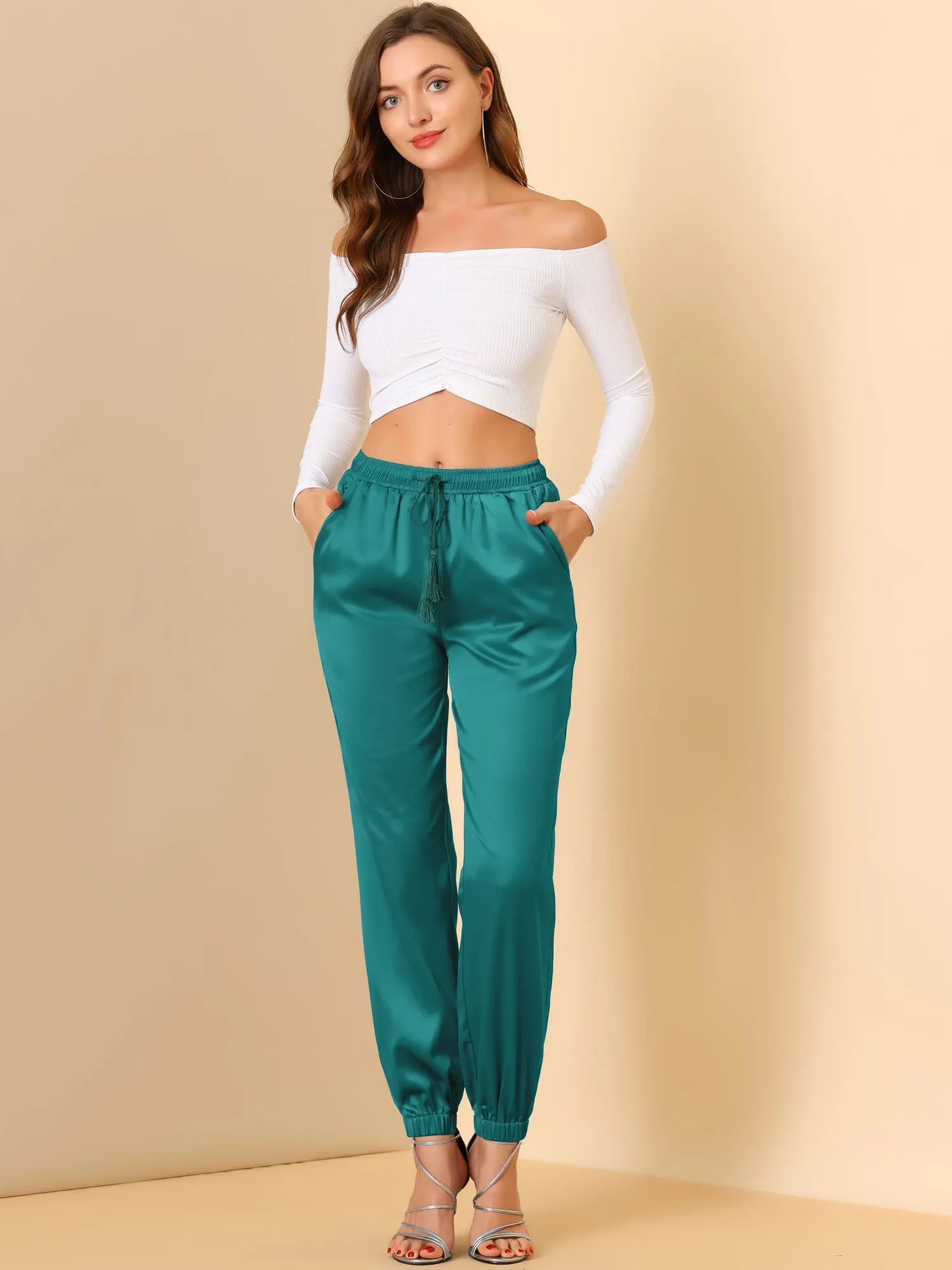Drawstring Elastic Waist Athleisure Pants Satin Joggers