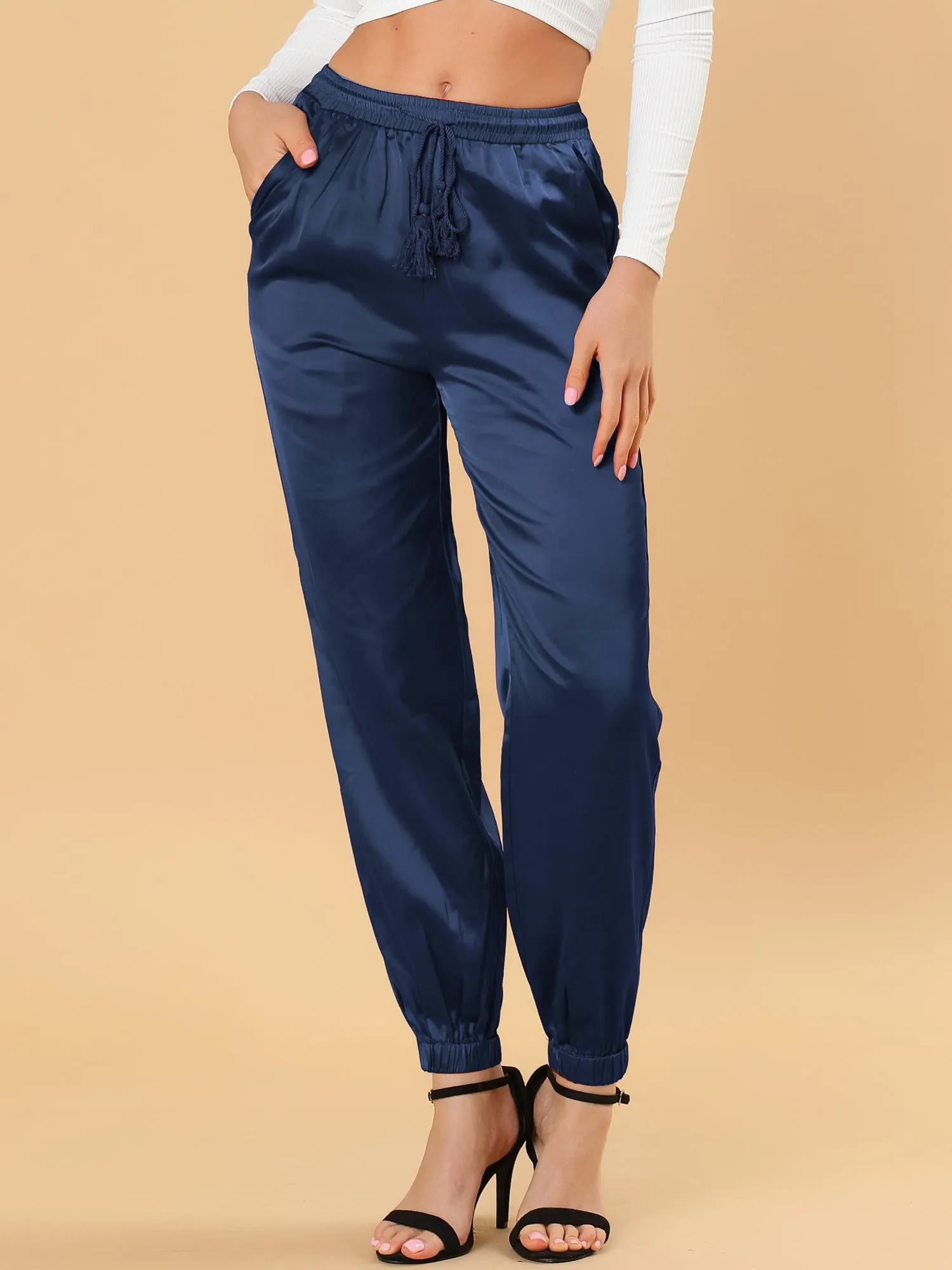 Drawstring Elastic Waist Athleisure Pants Satin Joggers