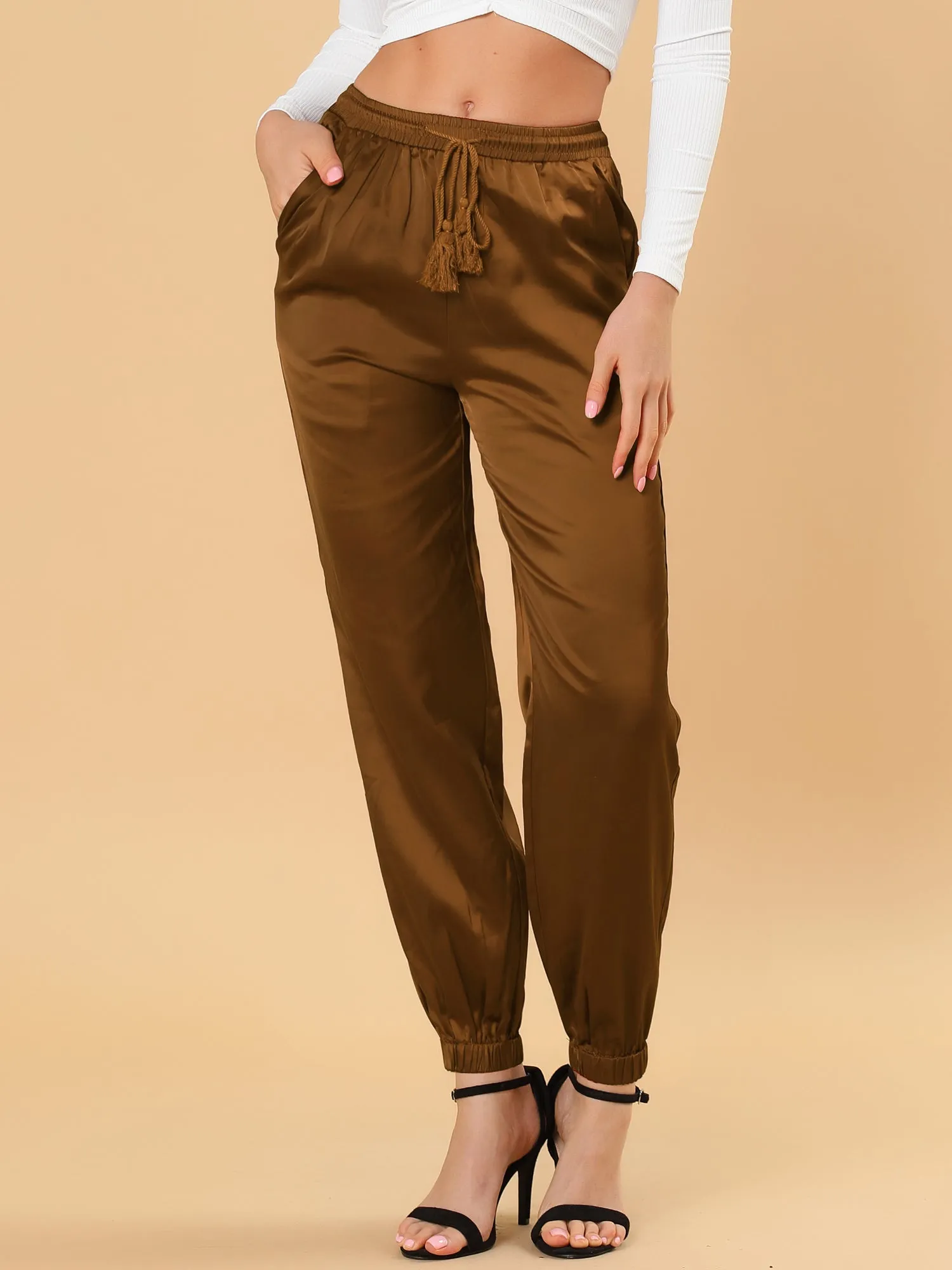Drawstring Elastic Waist Athleisure Pants Satin Joggers