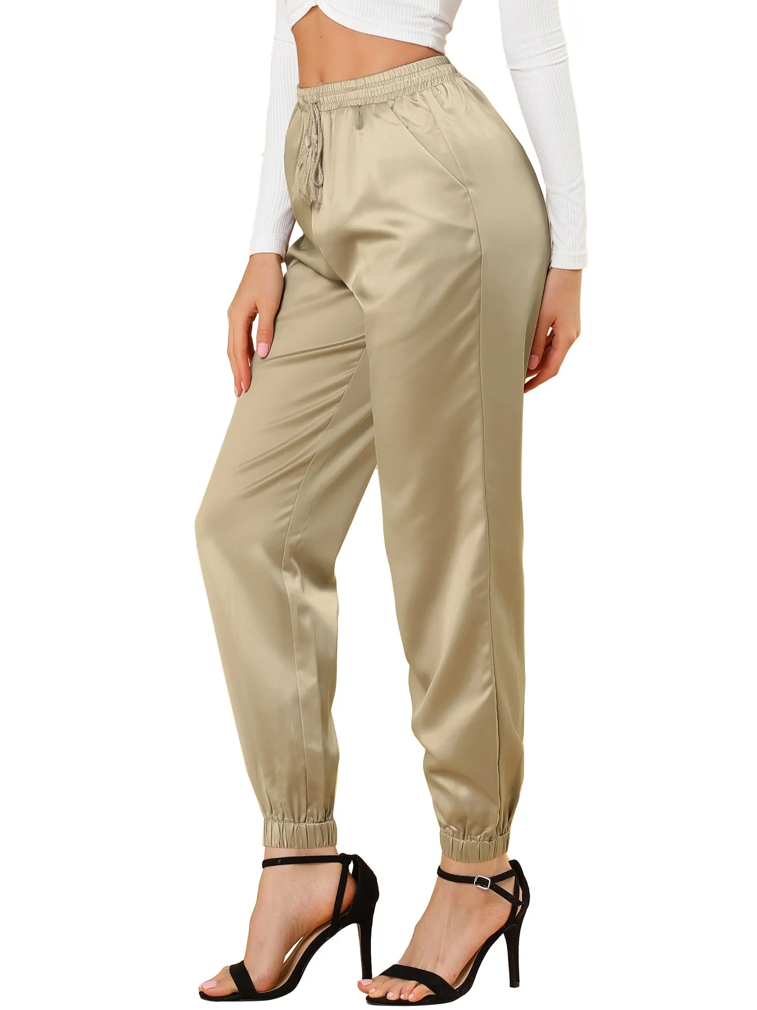 Drawstring Elastic Waist Athleisure Pants Satin Joggers