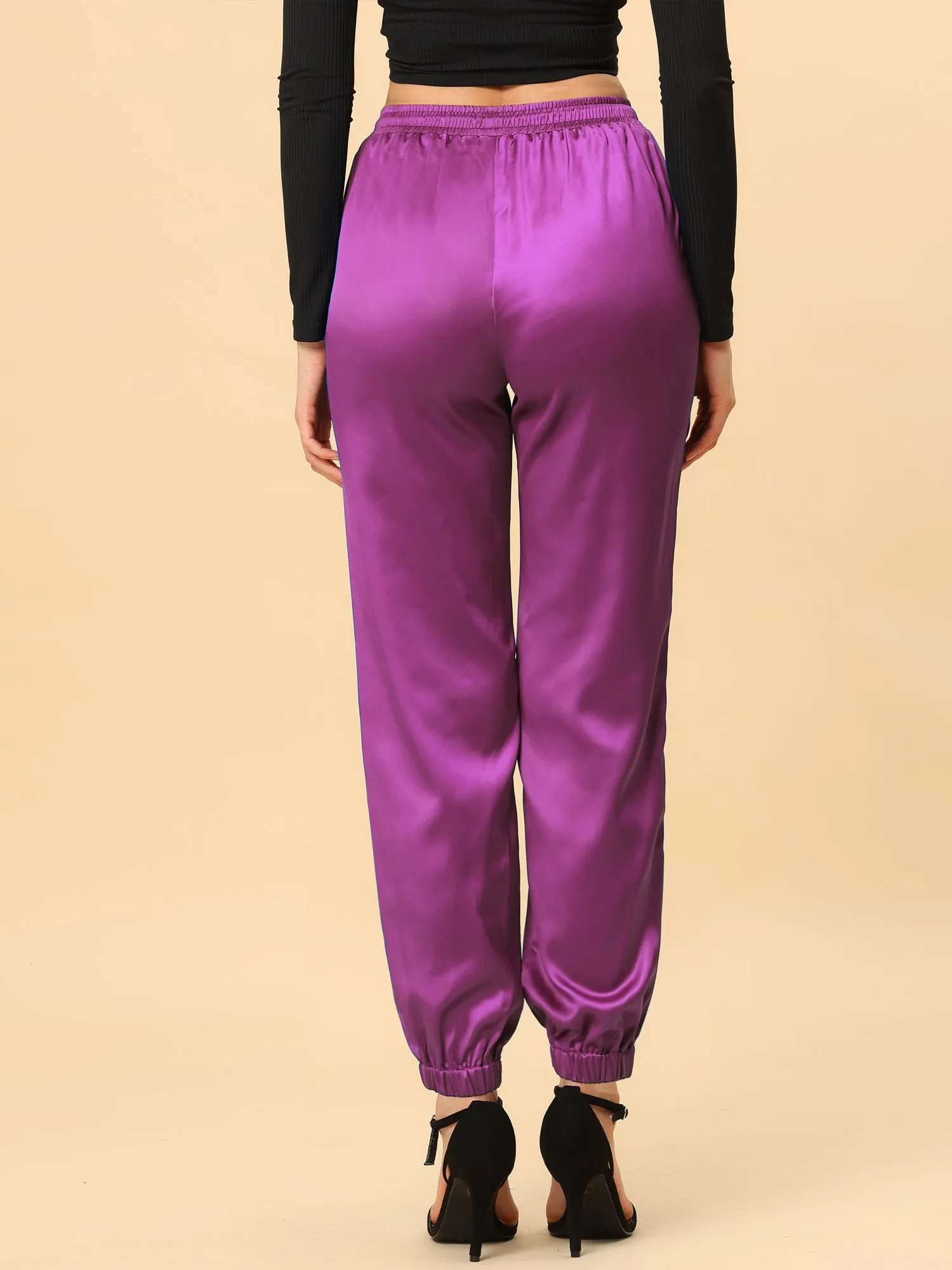 Drawstring Elastic Waist Athleisure Pants Satin Joggers