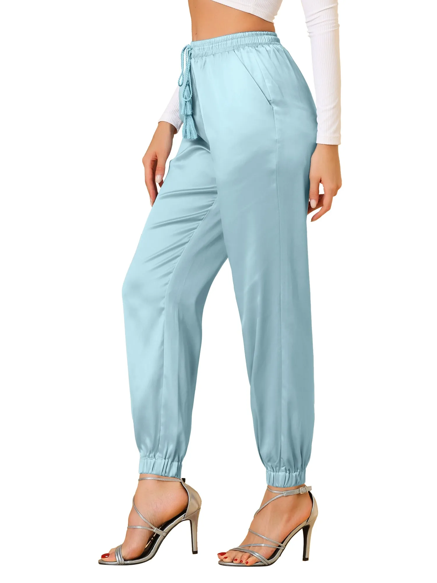 Drawstring Elastic Waist Athleisure Pants Satin Joggers