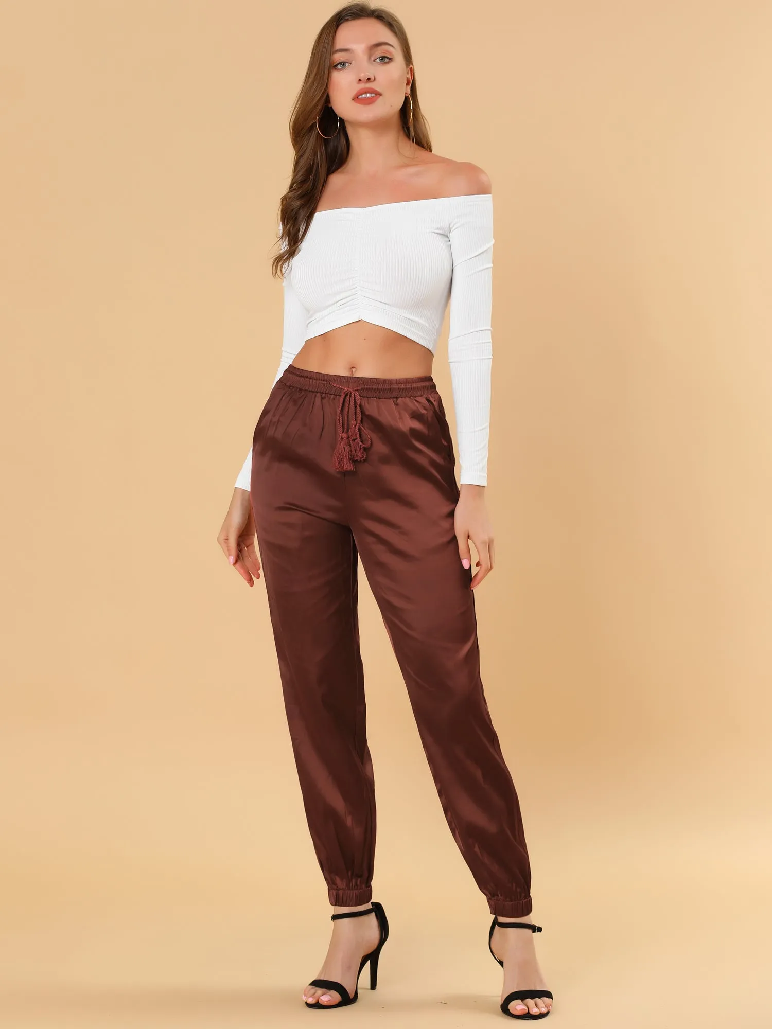 Drawstring Elastic Waist Athleisure Pants Satin Joggers