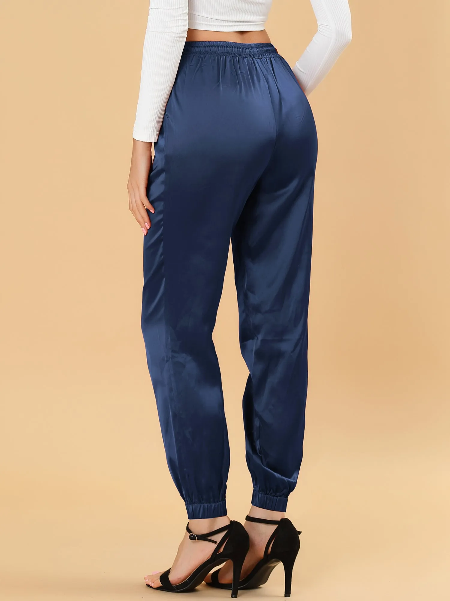 Drawstring Elastic Waist Athleisure Pants Satin Joggers