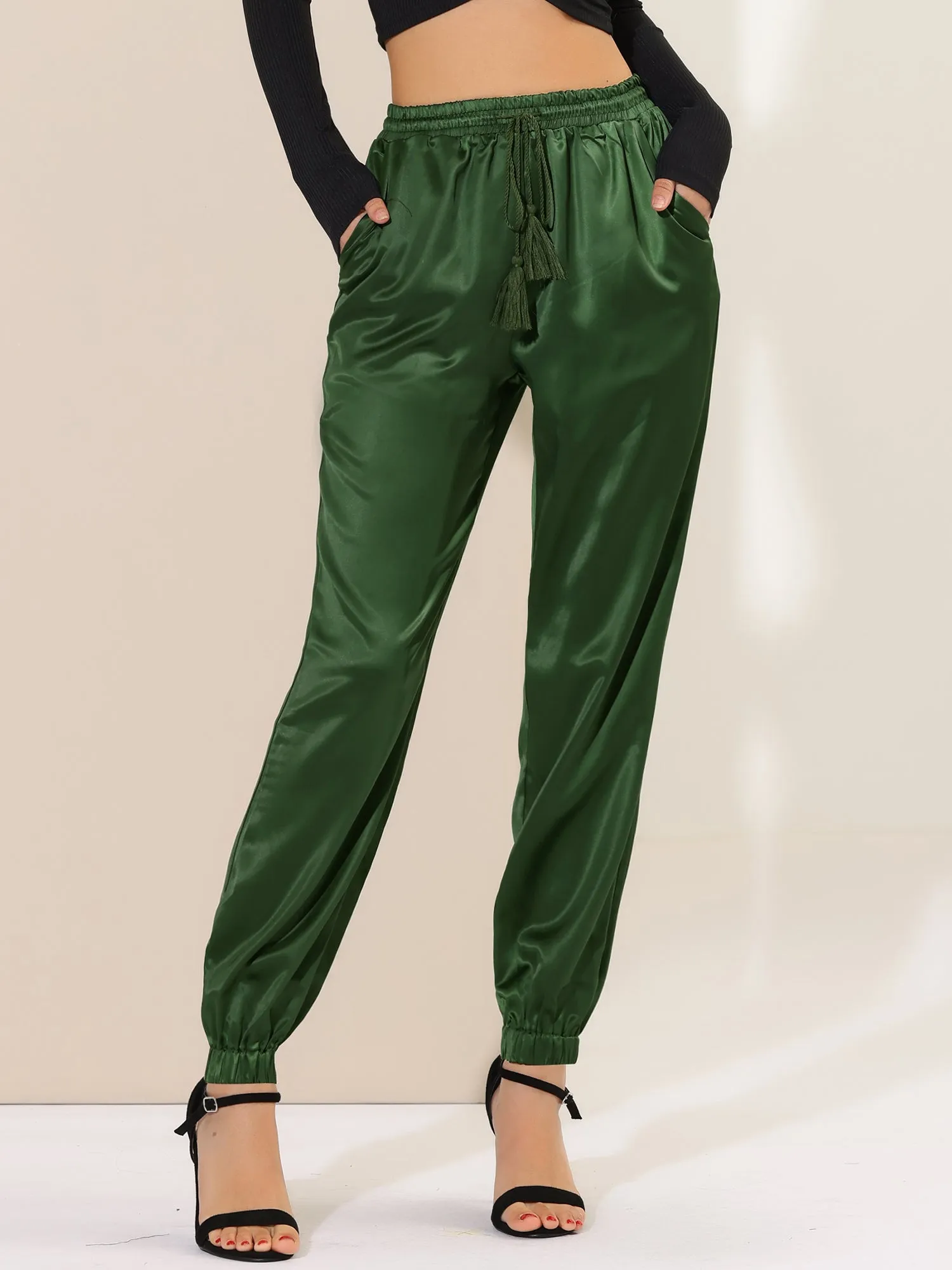 Drawstring Elastic Waist Athleisure Pants Satin Joggers