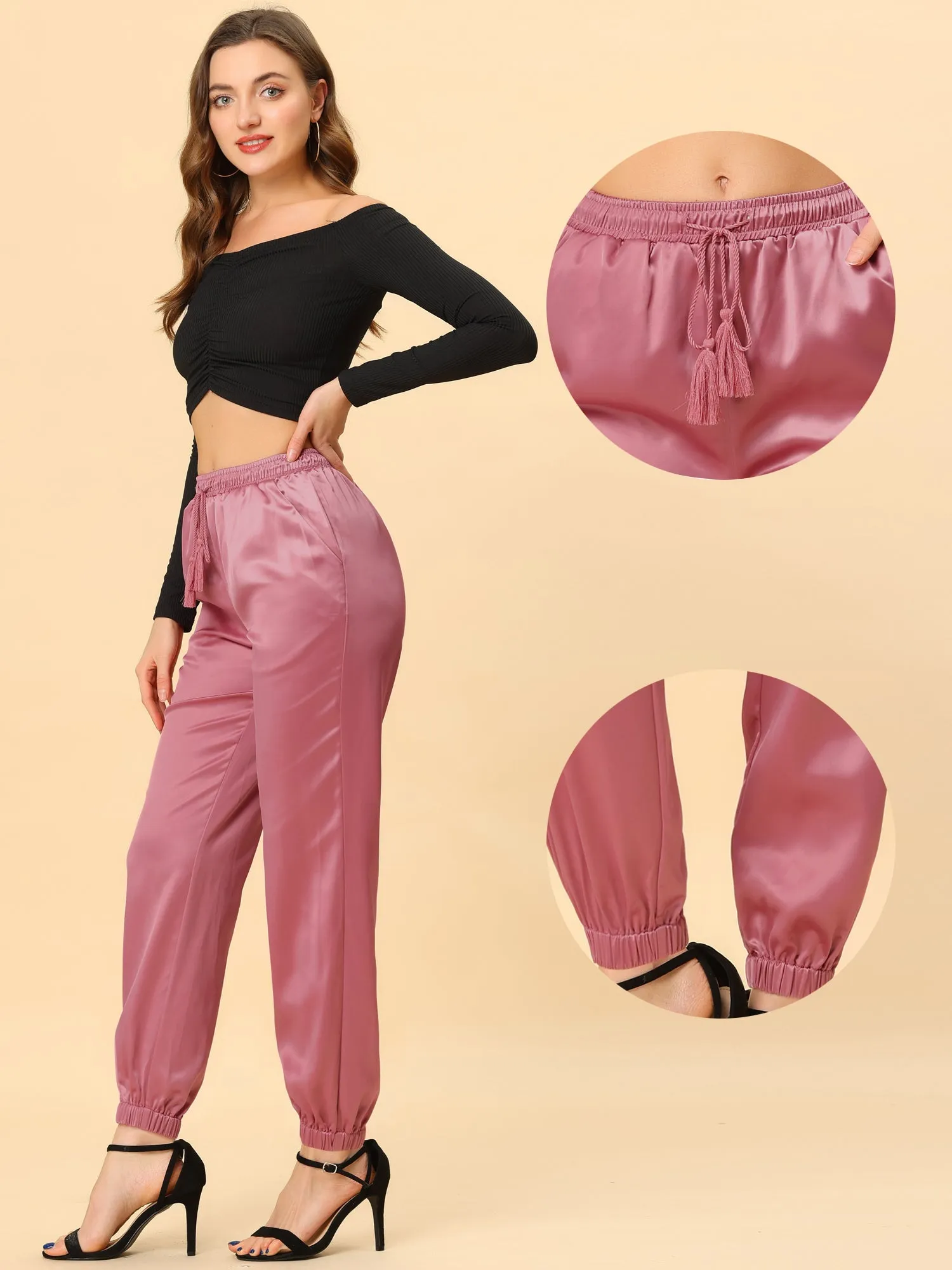 Drawstring Elastic Waist Athleisure Pants Satin Joggers