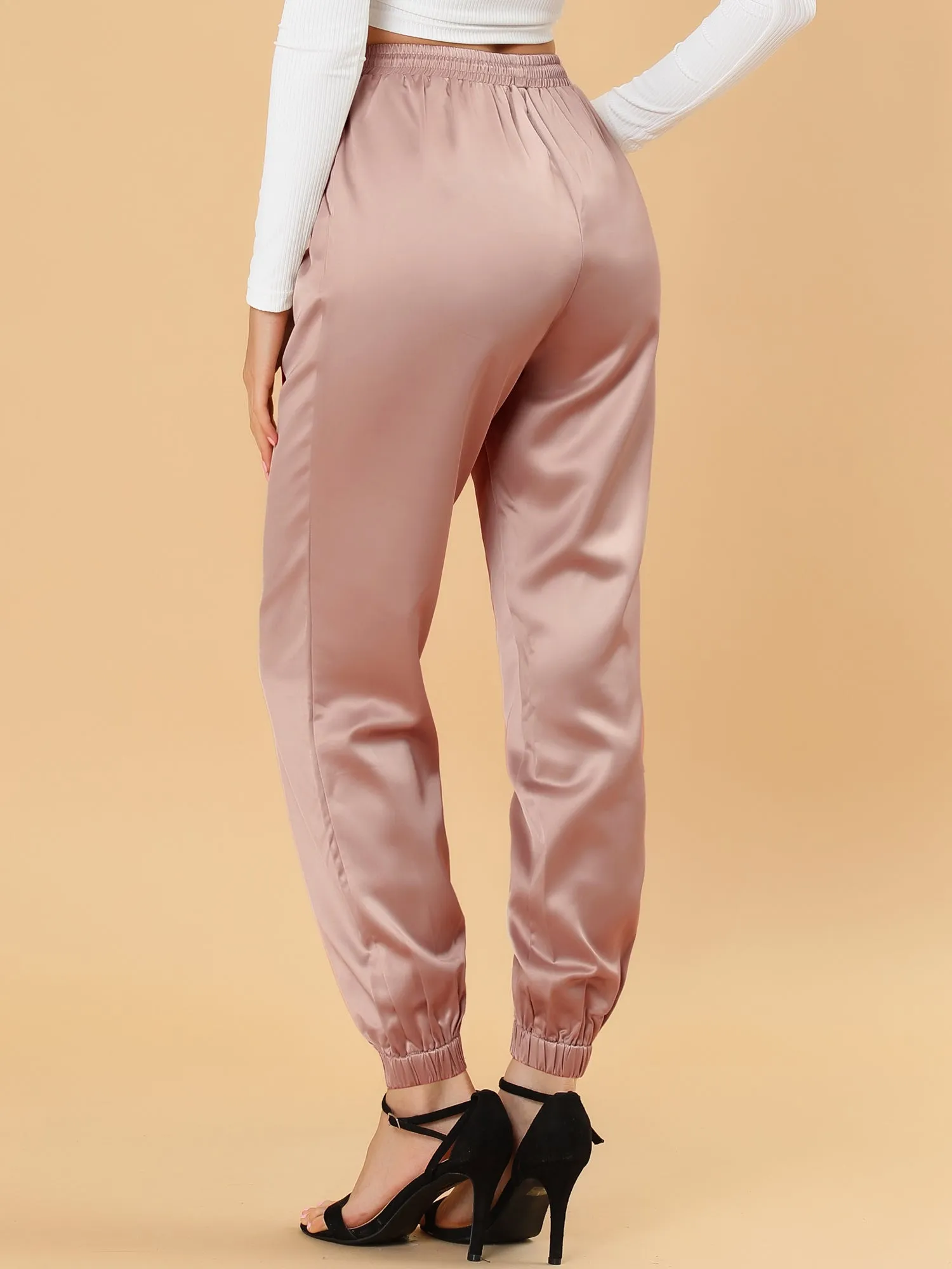 Drawstring Elastic Waist Athleisure Pants Satin Joggers