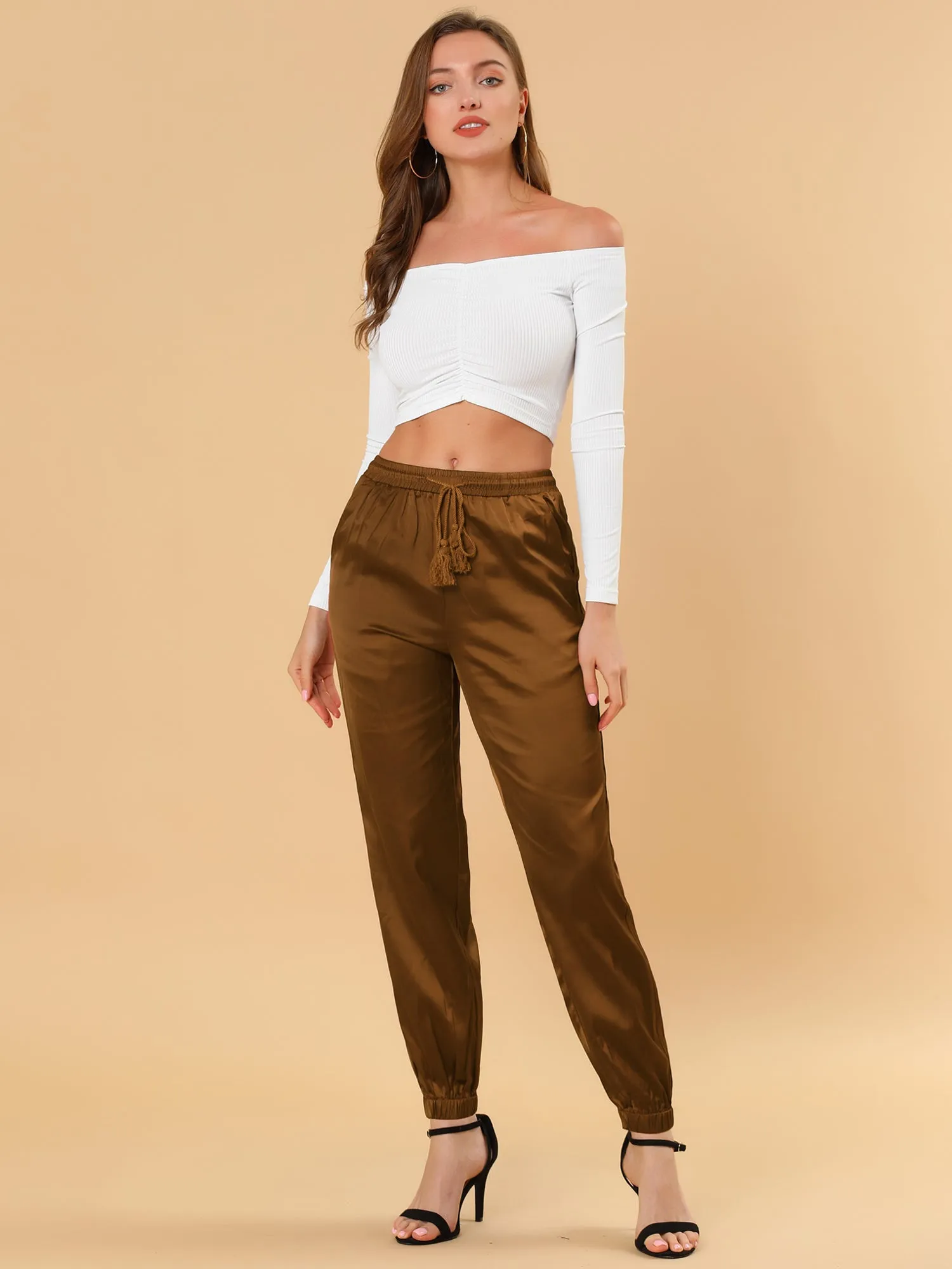 Drawstring Elastic Waist Athleisure Pants Satin Joggers