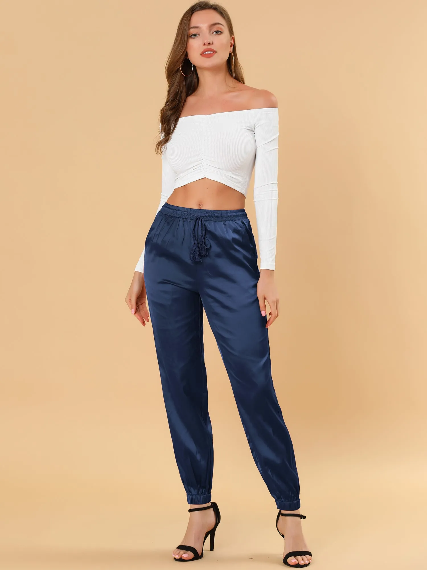 Drawstring Elastic Waist Athleisure Pants Satin Joggers