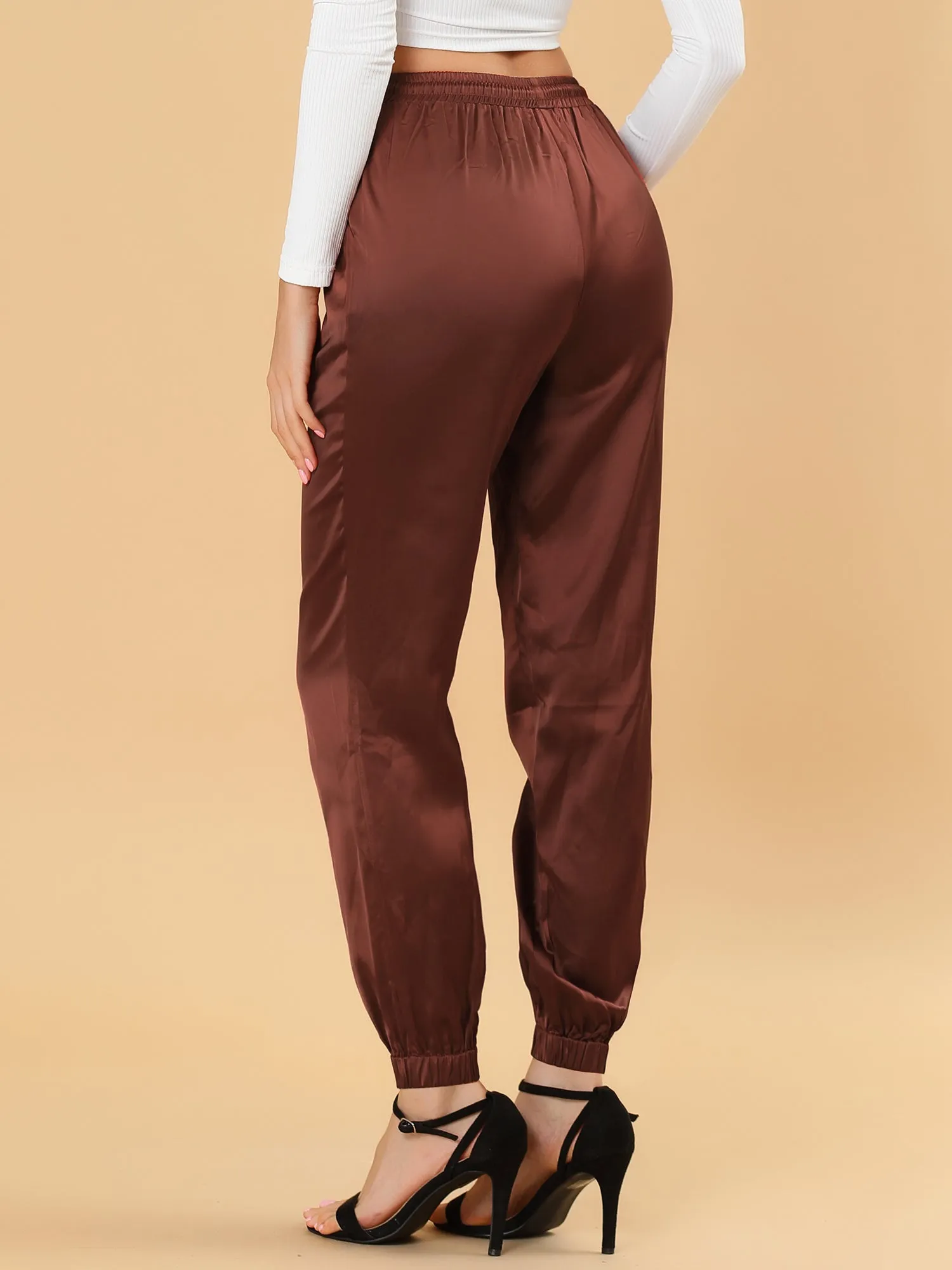 Drawstring Elastic Waist Athleisure Pants Satin Joggers