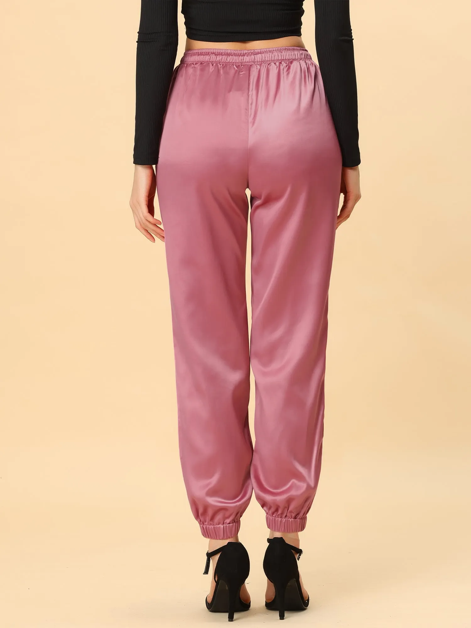 Drawstring Elastic Waist Athleisure Pants Satin Joggers