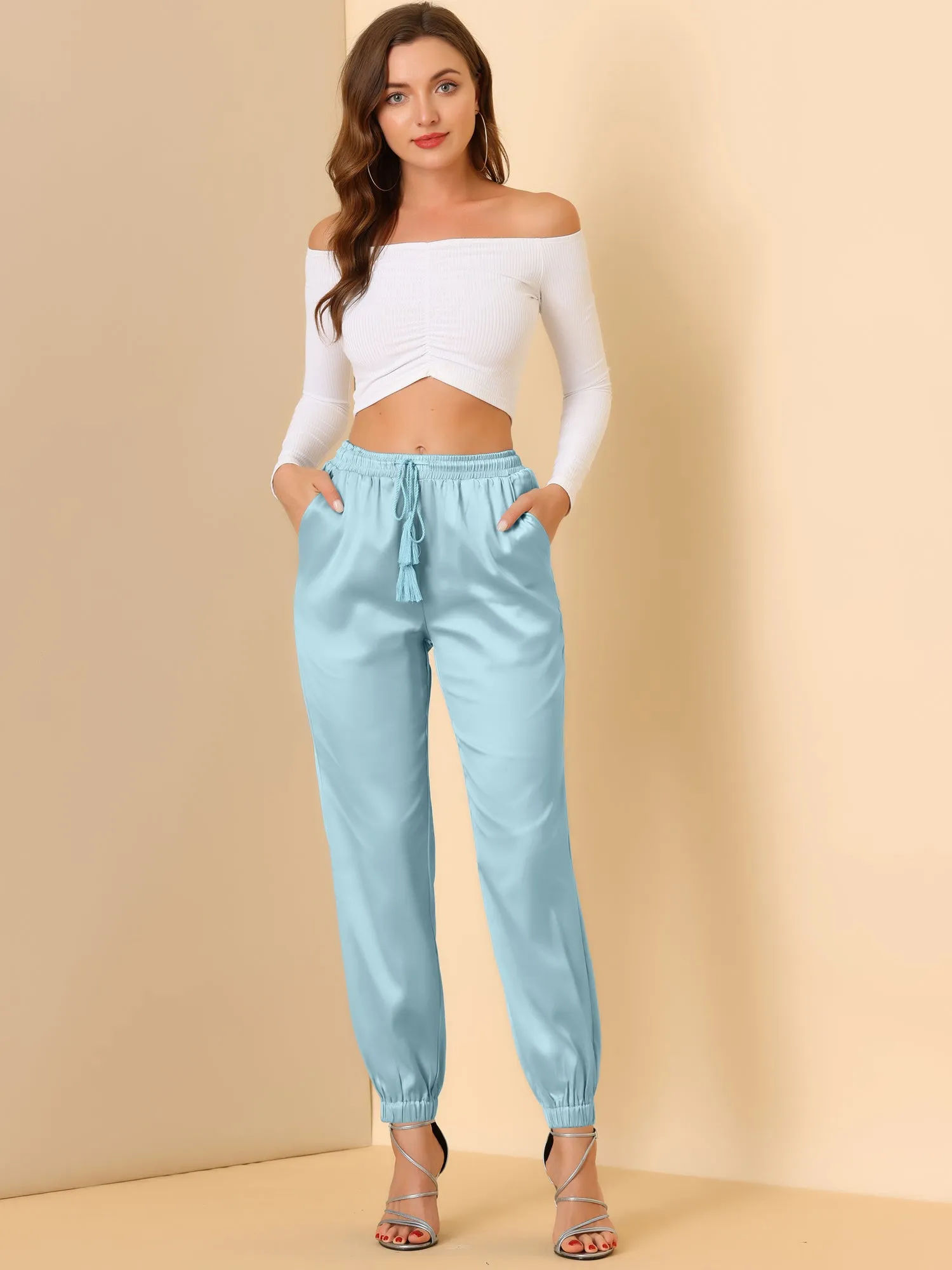 Drawstring Elastic Waist Athleisure Pants Satin Joggers