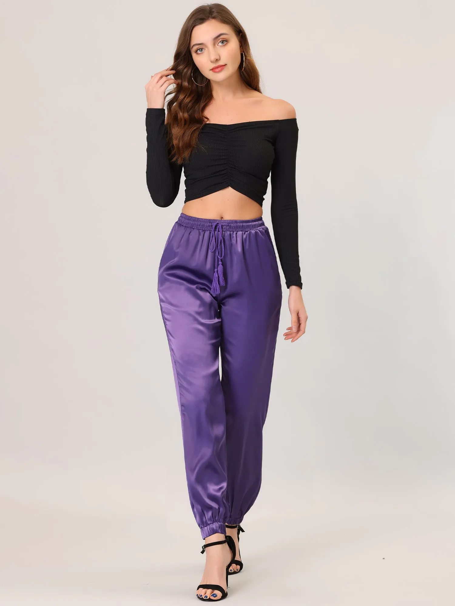 Drawstring Elastic Waist Athleisure Pants Satin Joggers