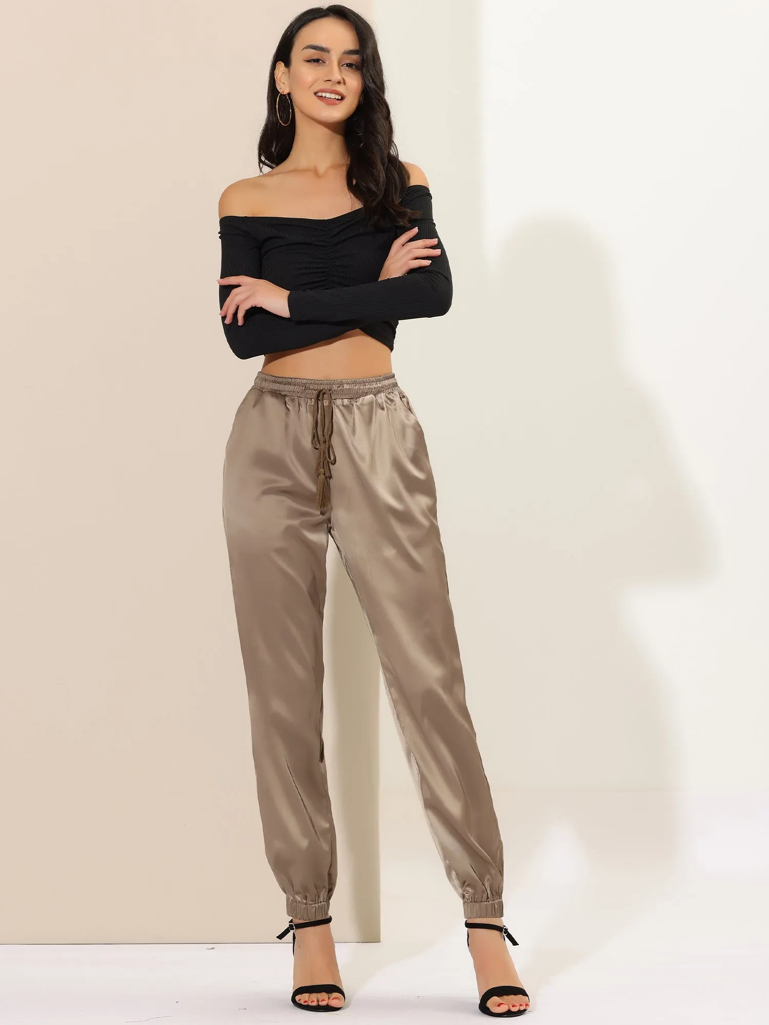 Drawstring Elastic Waist Athleisure Pants Satin Joggers