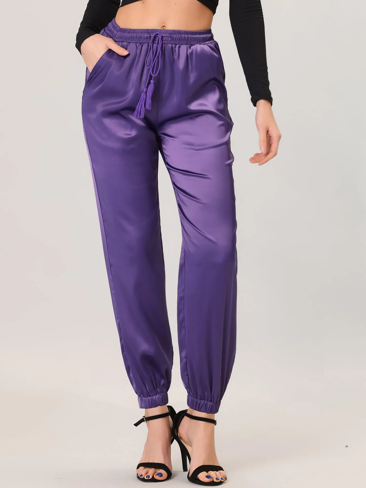 Drawstring Elastic Waist Athleisure Pants Satin Joggers