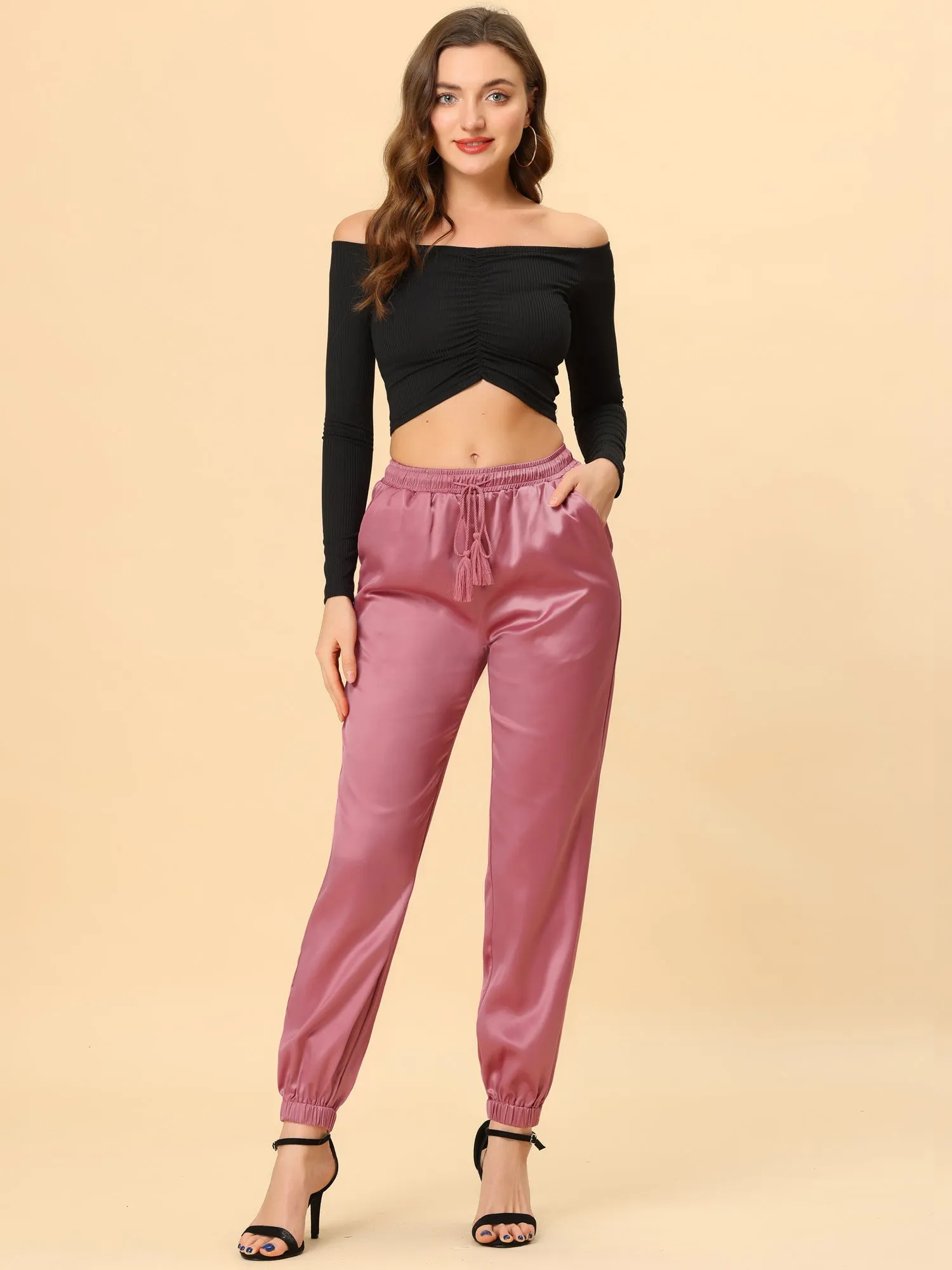 Drawstring Elastic Waist Athleisure Pants Satin Joggers