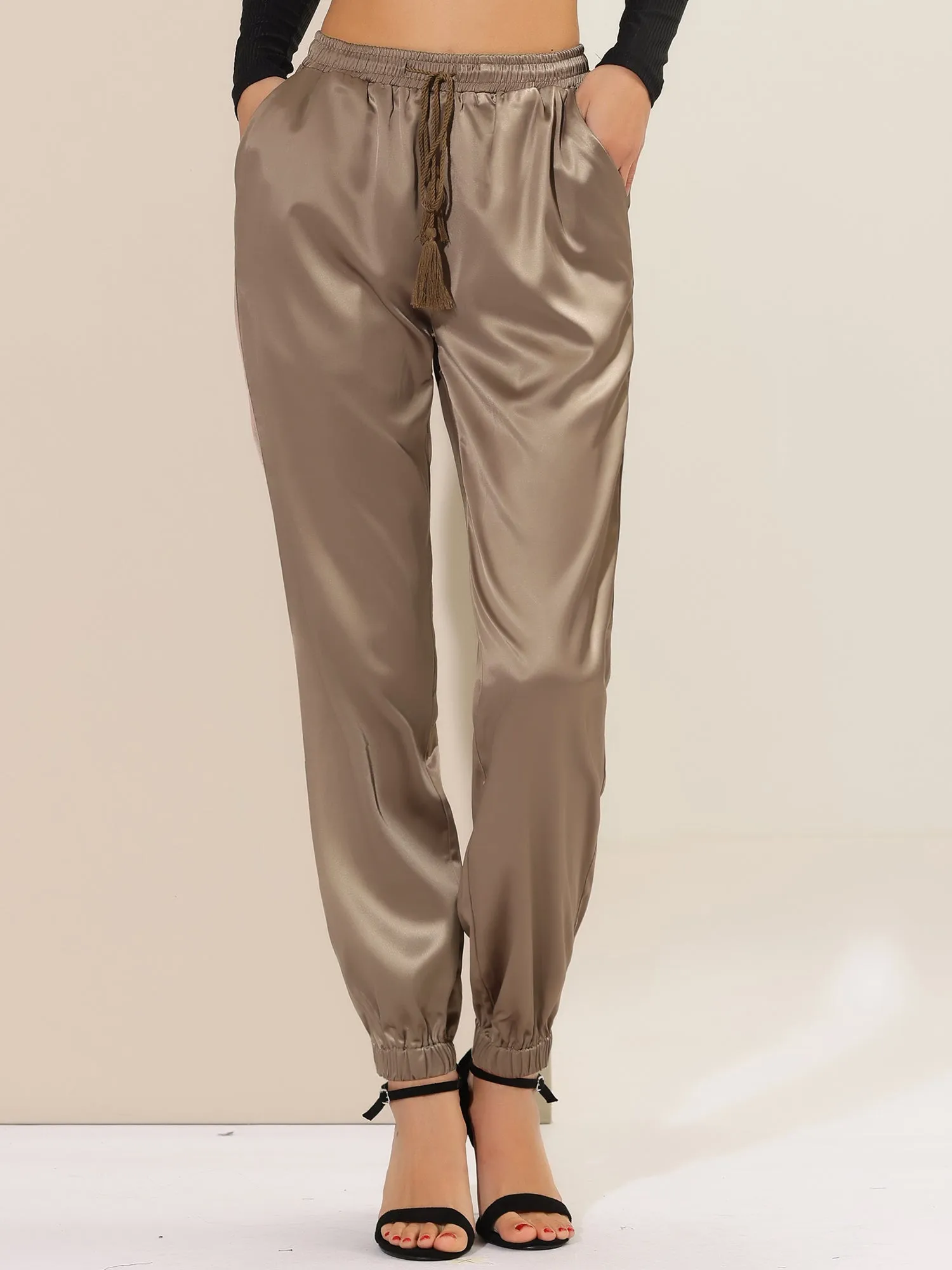 Drawstring Elastic Waist Athleisure Pants Satin Joggers
