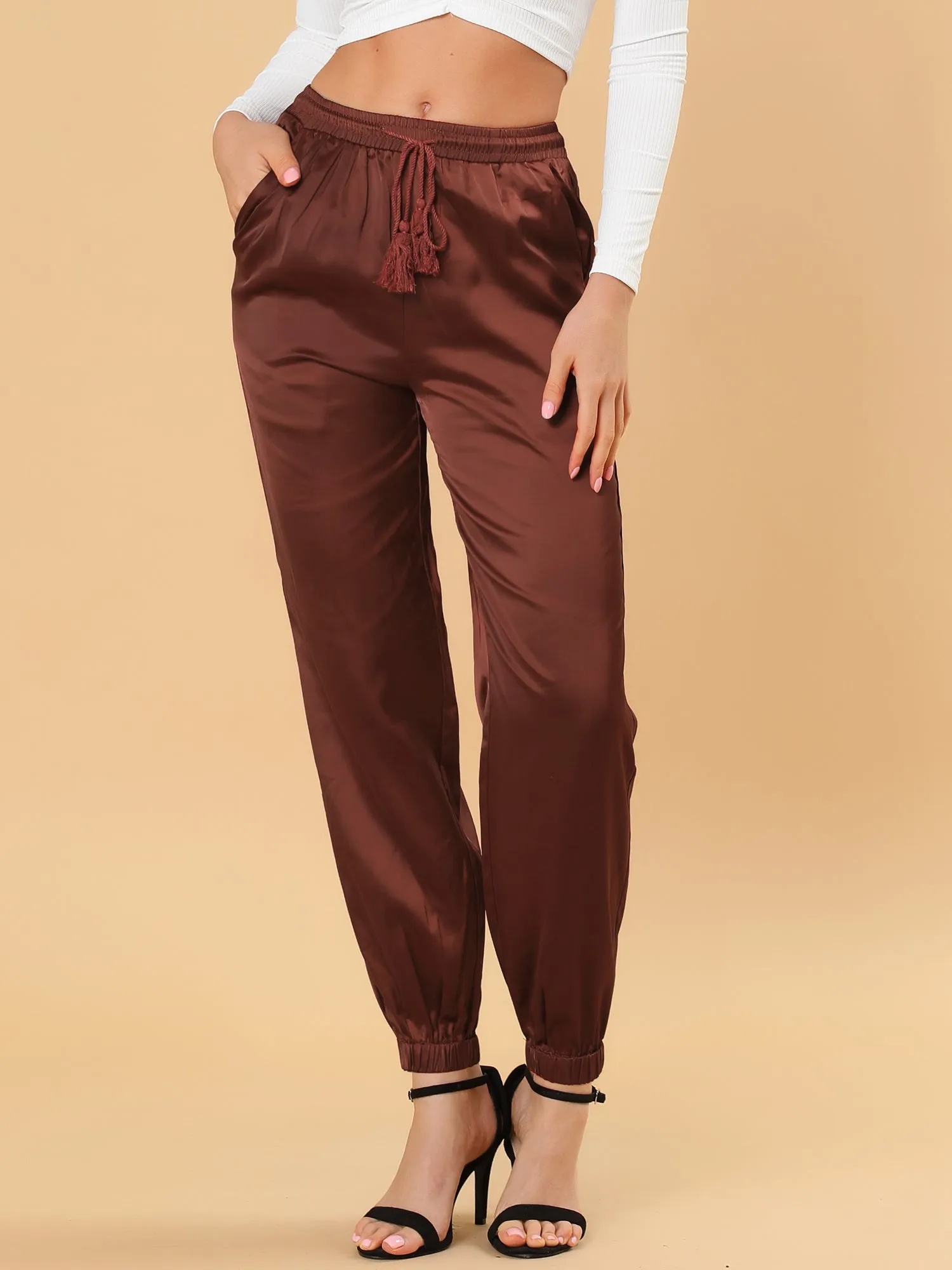 Drawstring Elastic Waist Athleisure Pants Satin Joggers