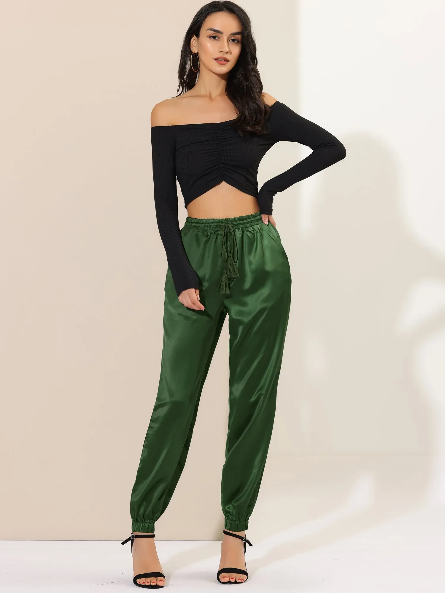 Drawstring Elastic Waist Athleisure Pants Satin Joggers