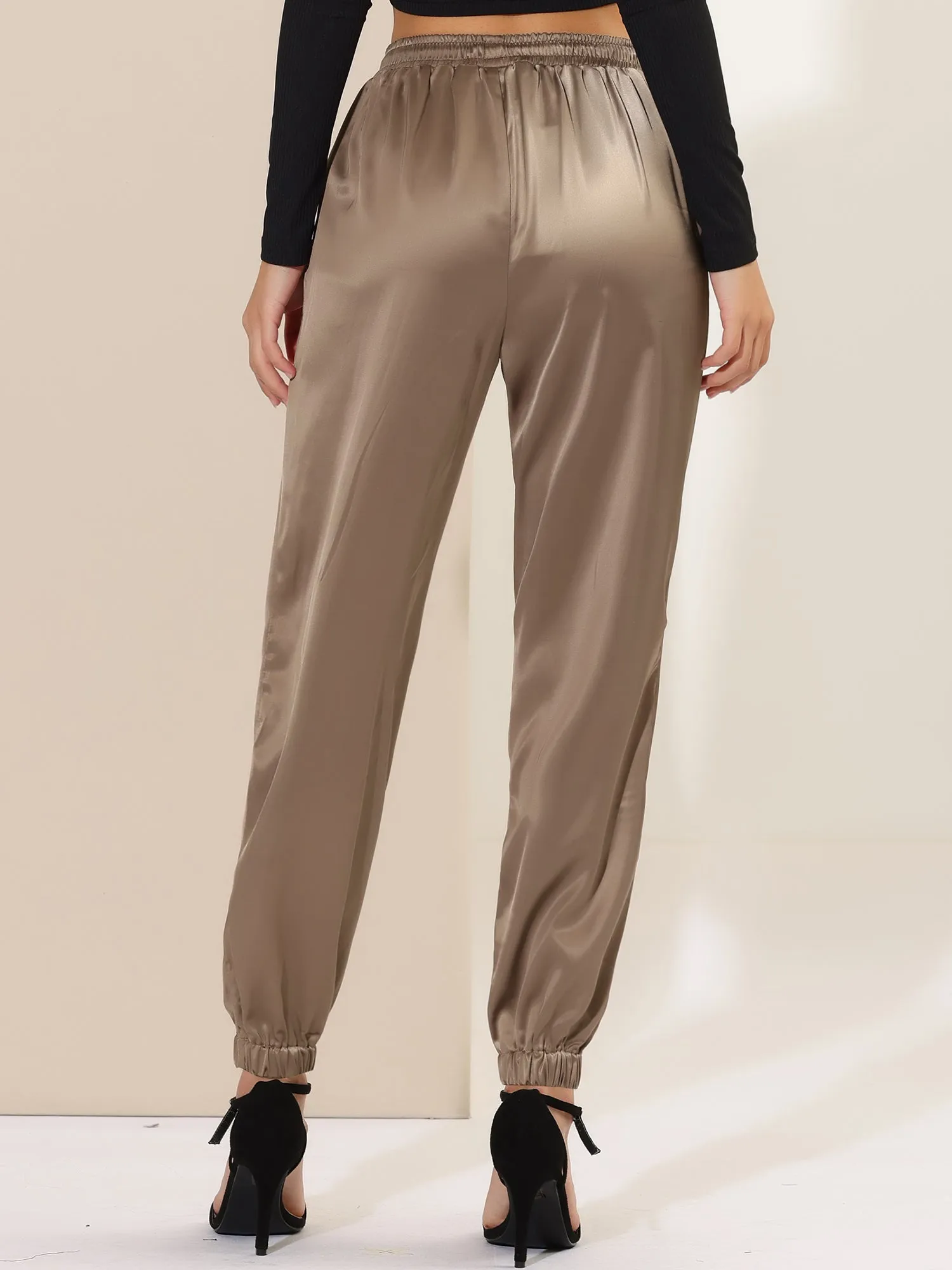 Drawstring Elastic Waist Athleisure Pants Satin Joggers