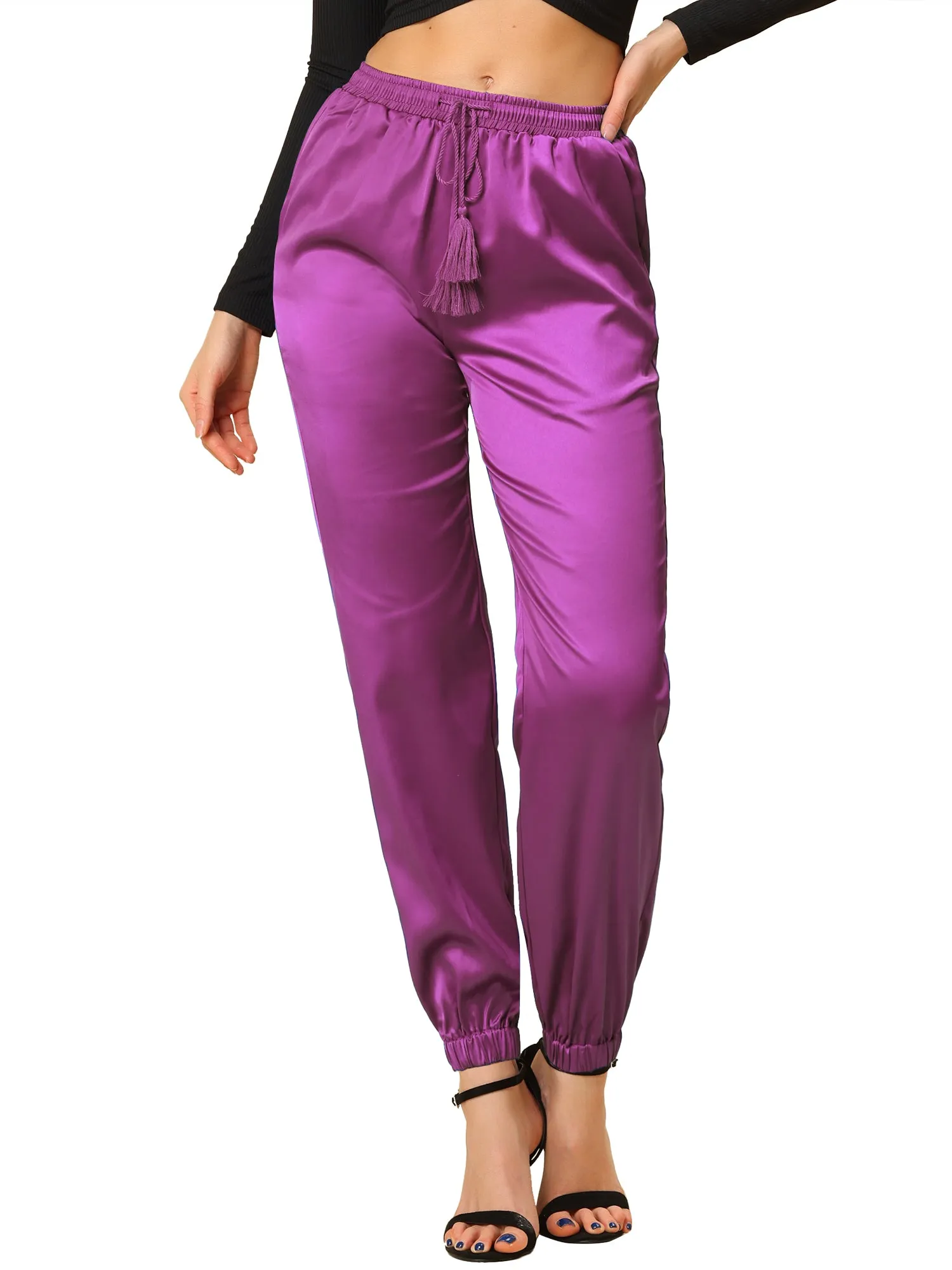 Drawstring Elastic Waist Athleisure Pants Satin Joggers