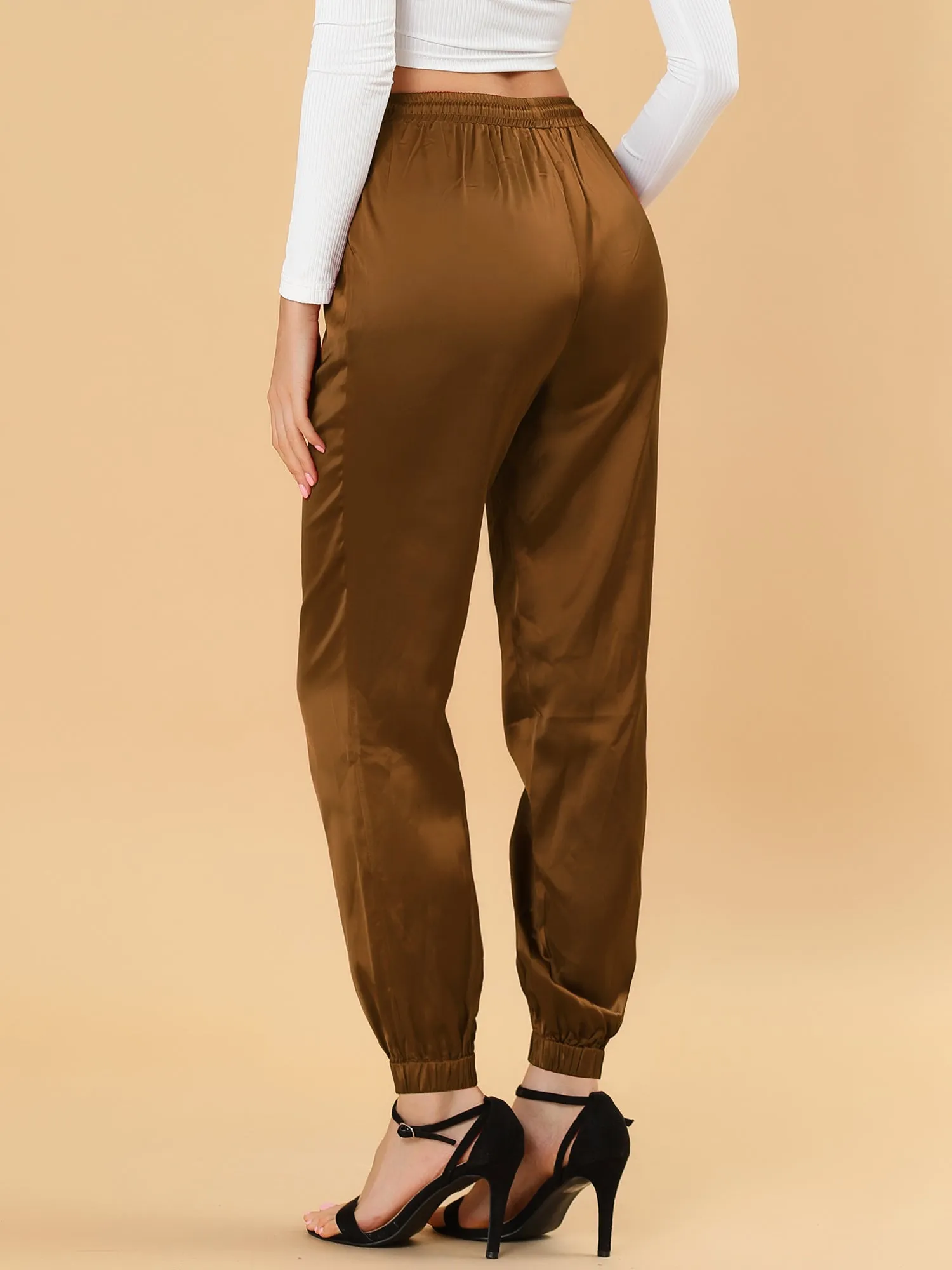 Drawstring Elastic Waist Athleisure Pants Satin Joggers