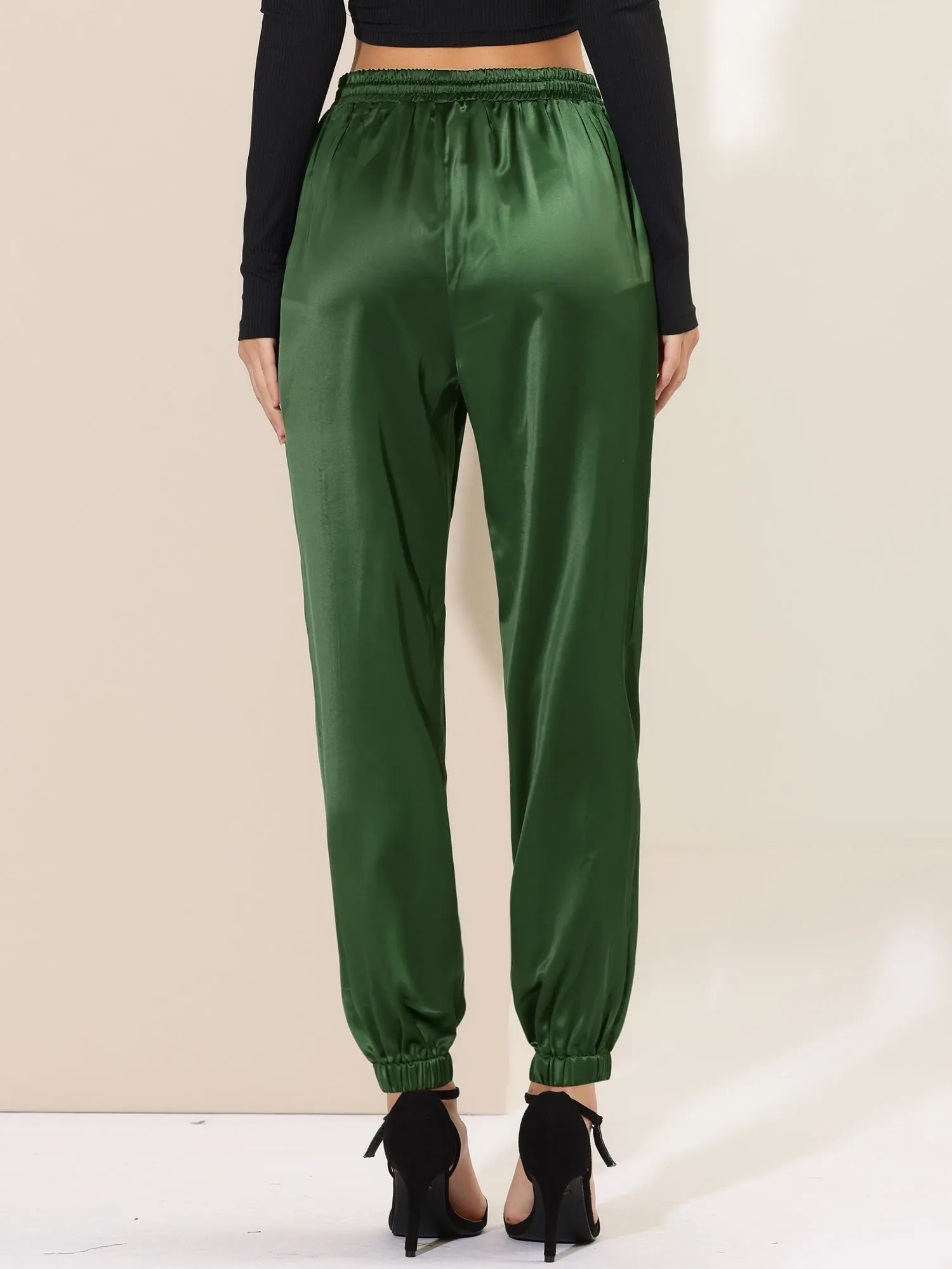 Drawstring Elastic Waist Athleisure Pants Satin Joggers