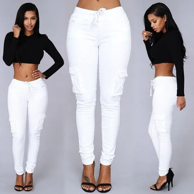 Drawstring Side Pockets High Waist Pure Color Casual Long Pants