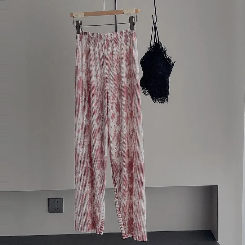 Dye Pleated Wide Leg Pants Women High Waist Drape Straight Loose Casual Floor Length Pants