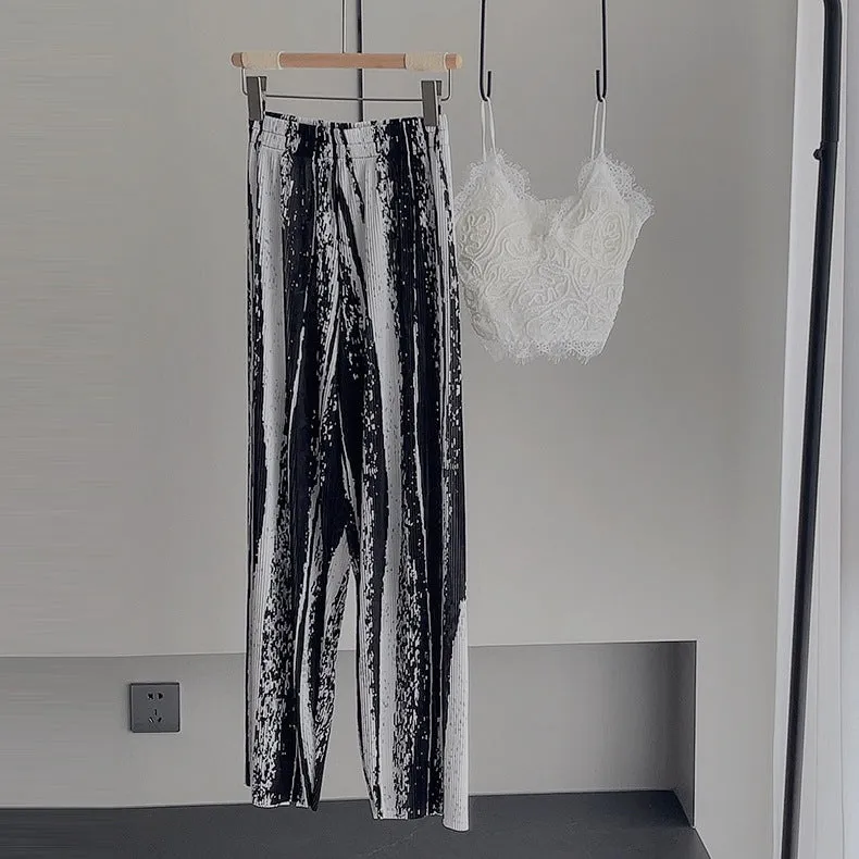 Dye Pleated Wide Leg Pants Women High Waist Drape Straight Loose Casual Floor Length Pants