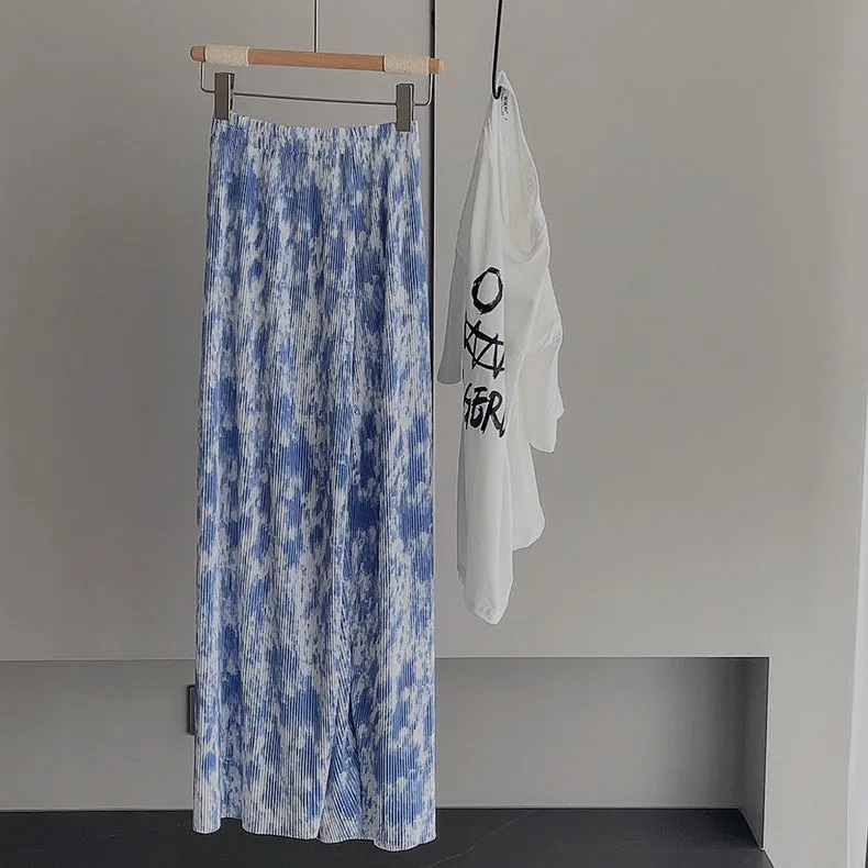 Dye Pleated Wide Leg Pants Women High Waist Drape Straight Loose Casual Floor Length Pants