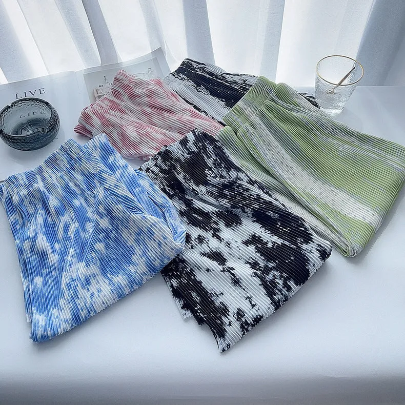 Dye Pleated Wide Leg Pants Women High Waist Drape Straight Loose Casual Floor Length Pants