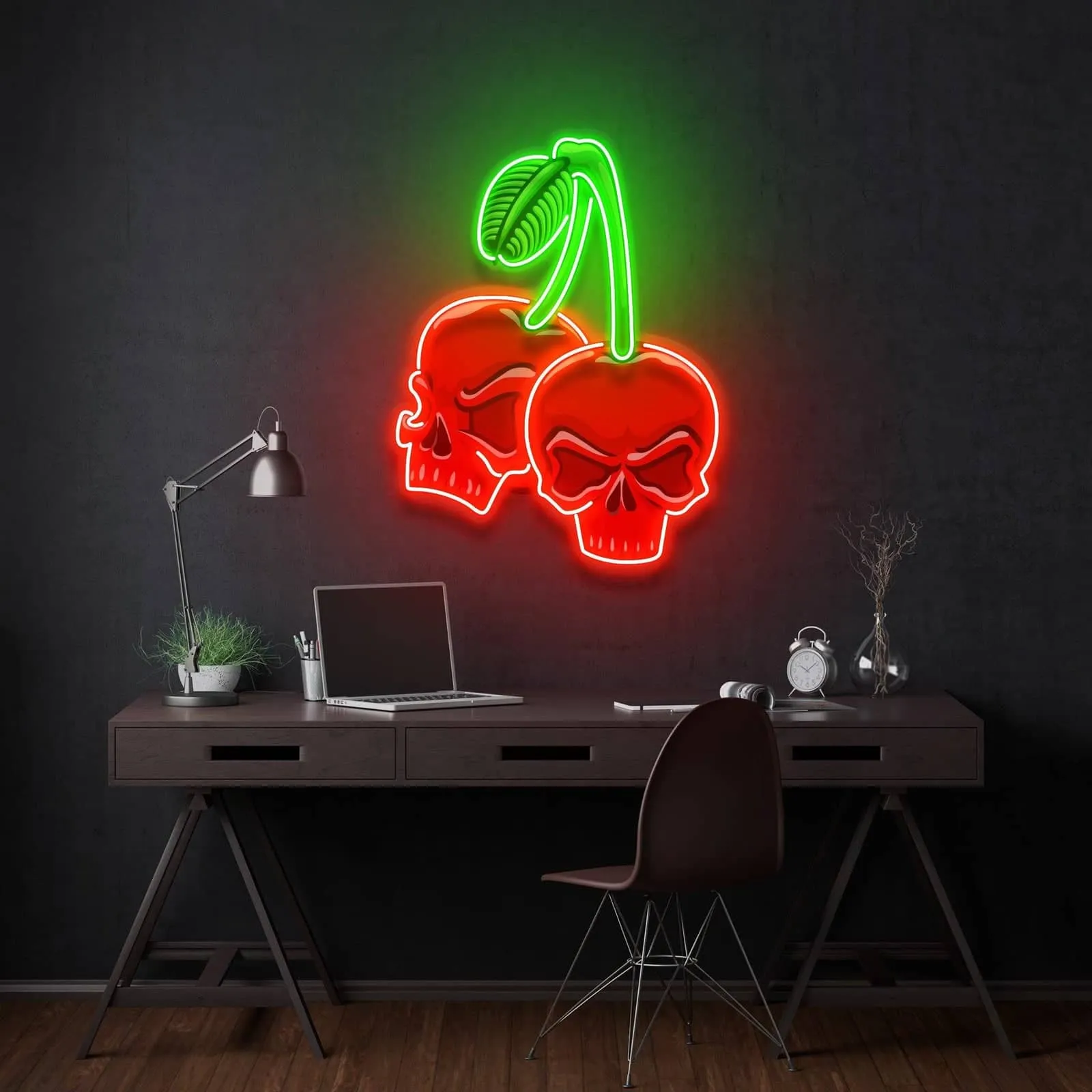Edgy Cherry Skull Neon Sign Vibrant Red and Green Design Perfect for Bars Game Rooms Tattoo Parlors and Creative Studios