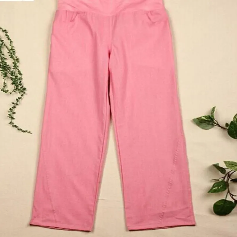 Elastic waist women  Linen pants, wide leg pants casual pants top straight pants loose trousers ( Up to 31" waist)