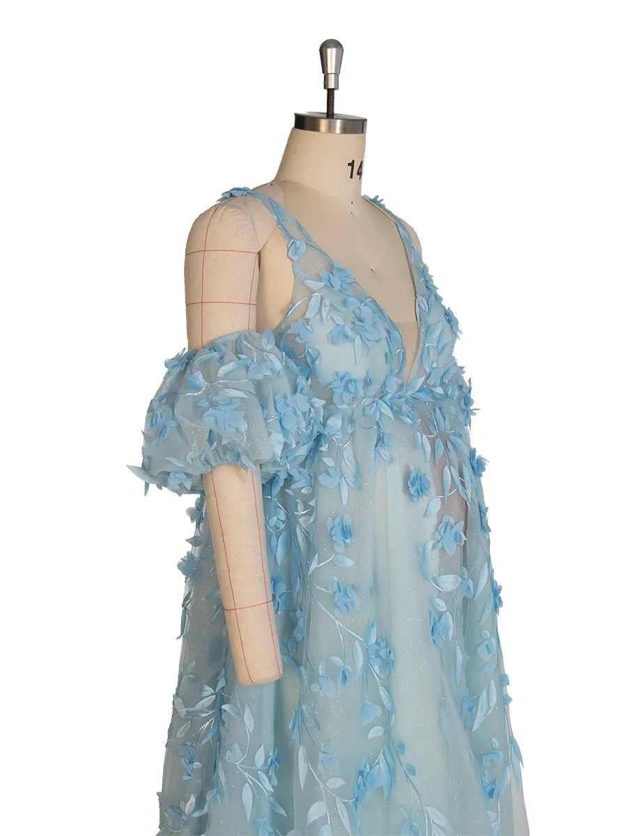 Elegant Glitter Mesh with Appliques Floral Maternity Dress for Baby Shower Blue Maternity Gown YW243138