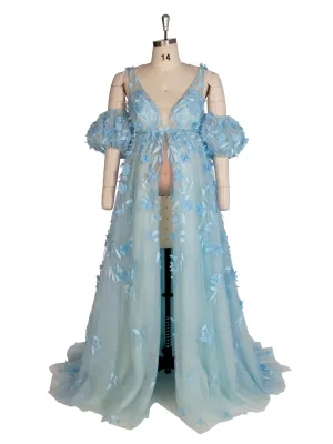 Elegant Glitter Mesh with Appliques Floral Maternity Dress for Baby Shower Blue Maternity Gown YW243138