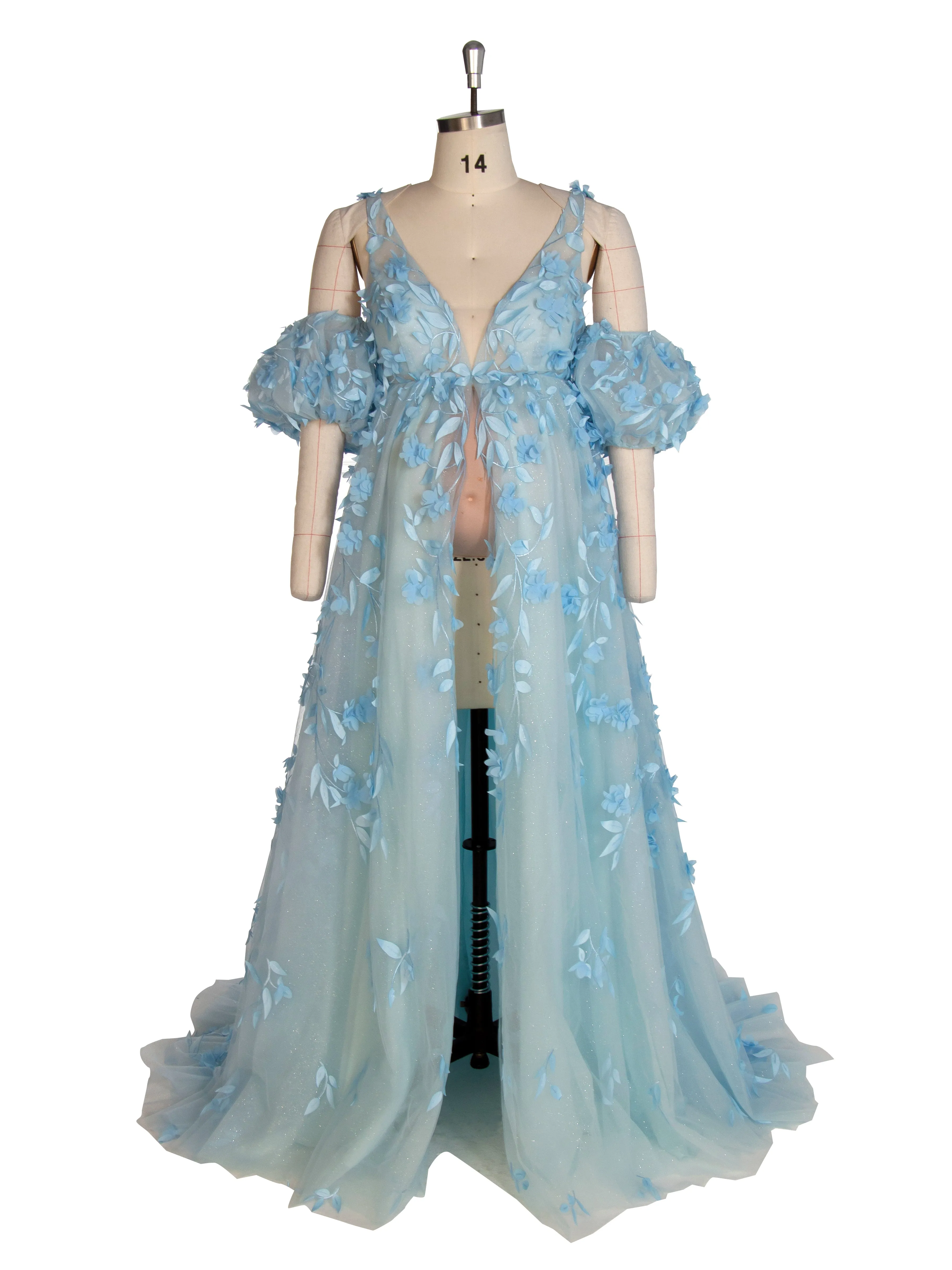 Elegant Glitter Mesh with Appliques Floral Maternity Dress for Baby Shower Blue Maternity Gown YW243138