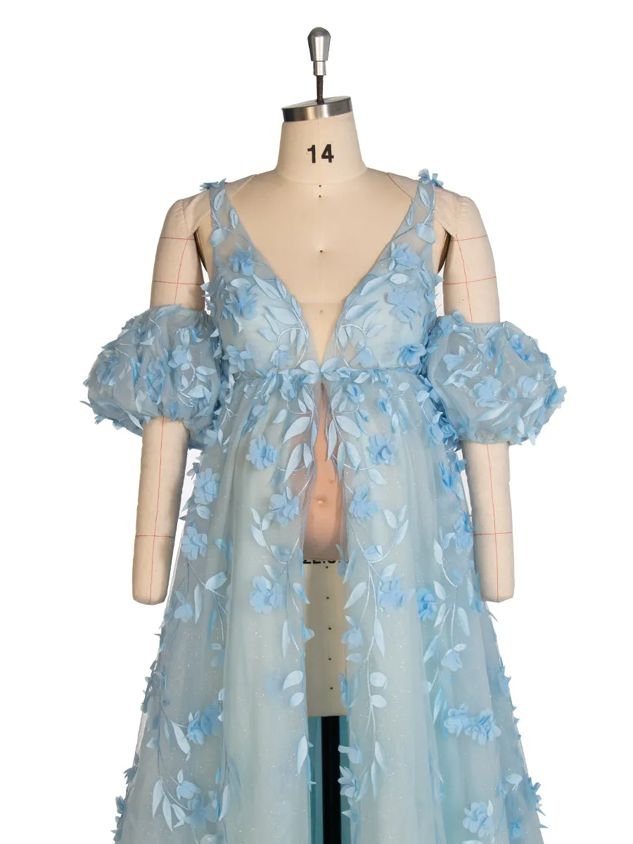 Elegant Glitter Mesh with Appliques Floral Maternity Dress for Baby Shower Blue Maternity Gown YW243138