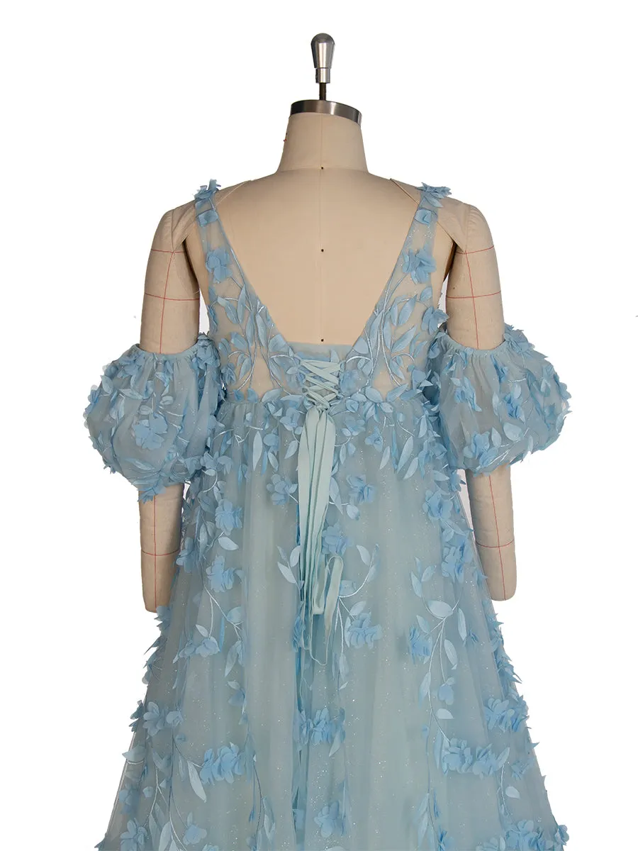 Elegant Glitter Mesh with Appliques Floral Maternity Dress for Baby Shower Blue Maternity Gown YW243138