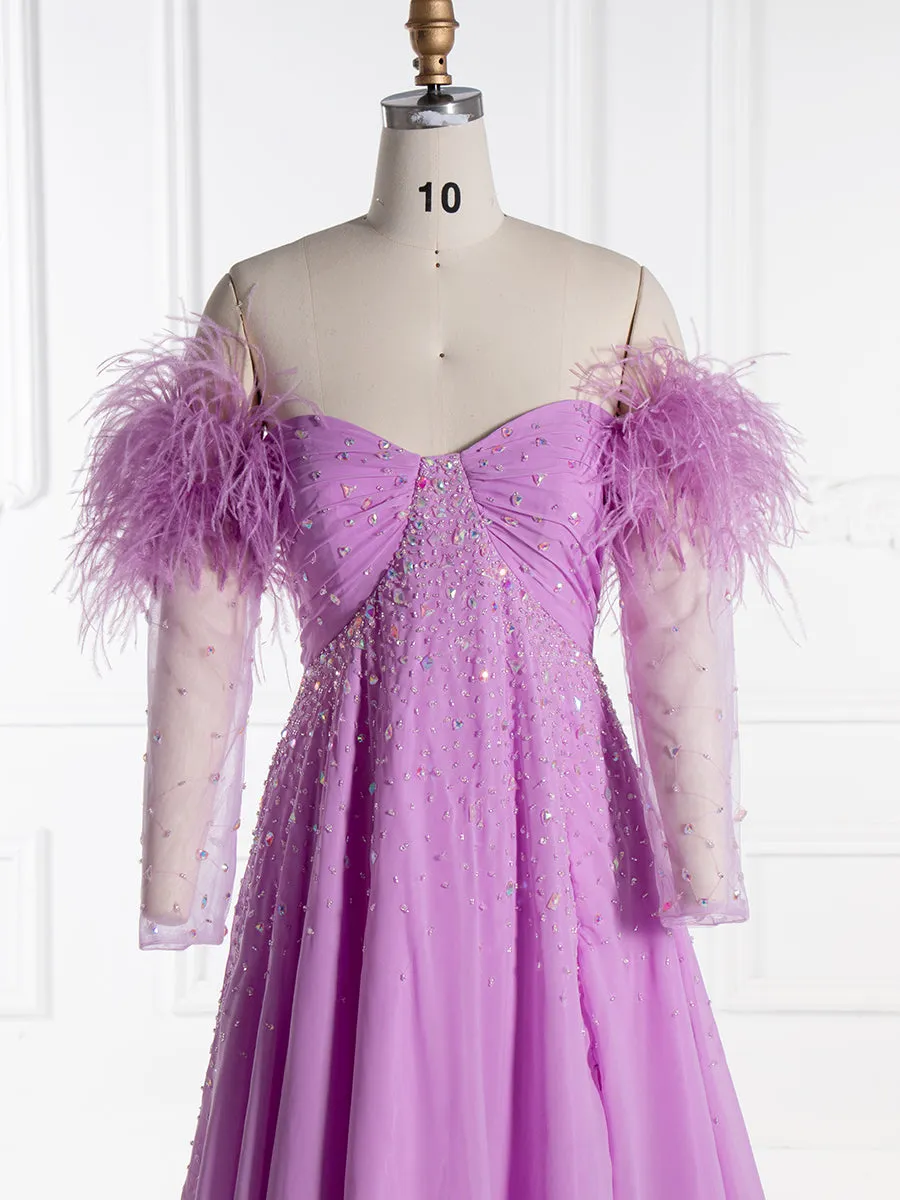 Elegant Off Shoulder Maternity Dresses for Baby Shower Long Sheer Sleeve with Ostrich Feather YW240522