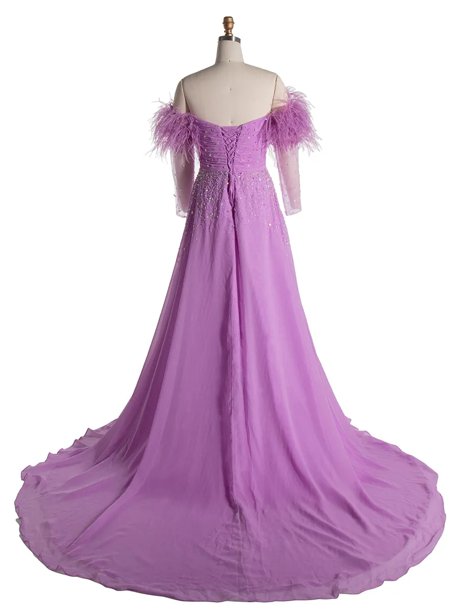 Elegant Off Shoulder Maternity Dresses for Baby Shower Long Sheer Sleeve with Ostrich Feather YW240522