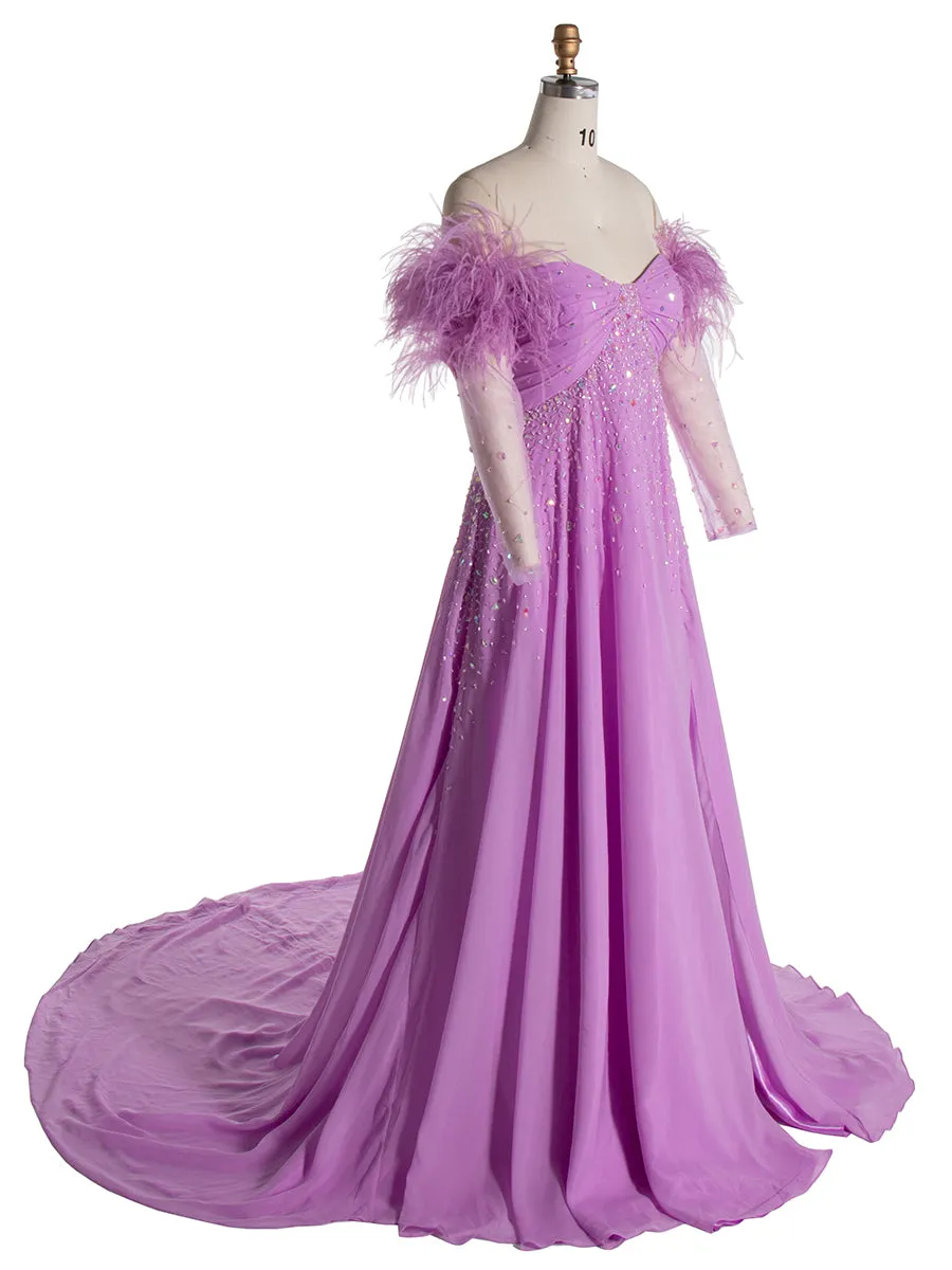 Elegant Off Shoulder Maternity Dresses for Baby Shower Long Sheer Sleeve with Ostrich Feather YW240522